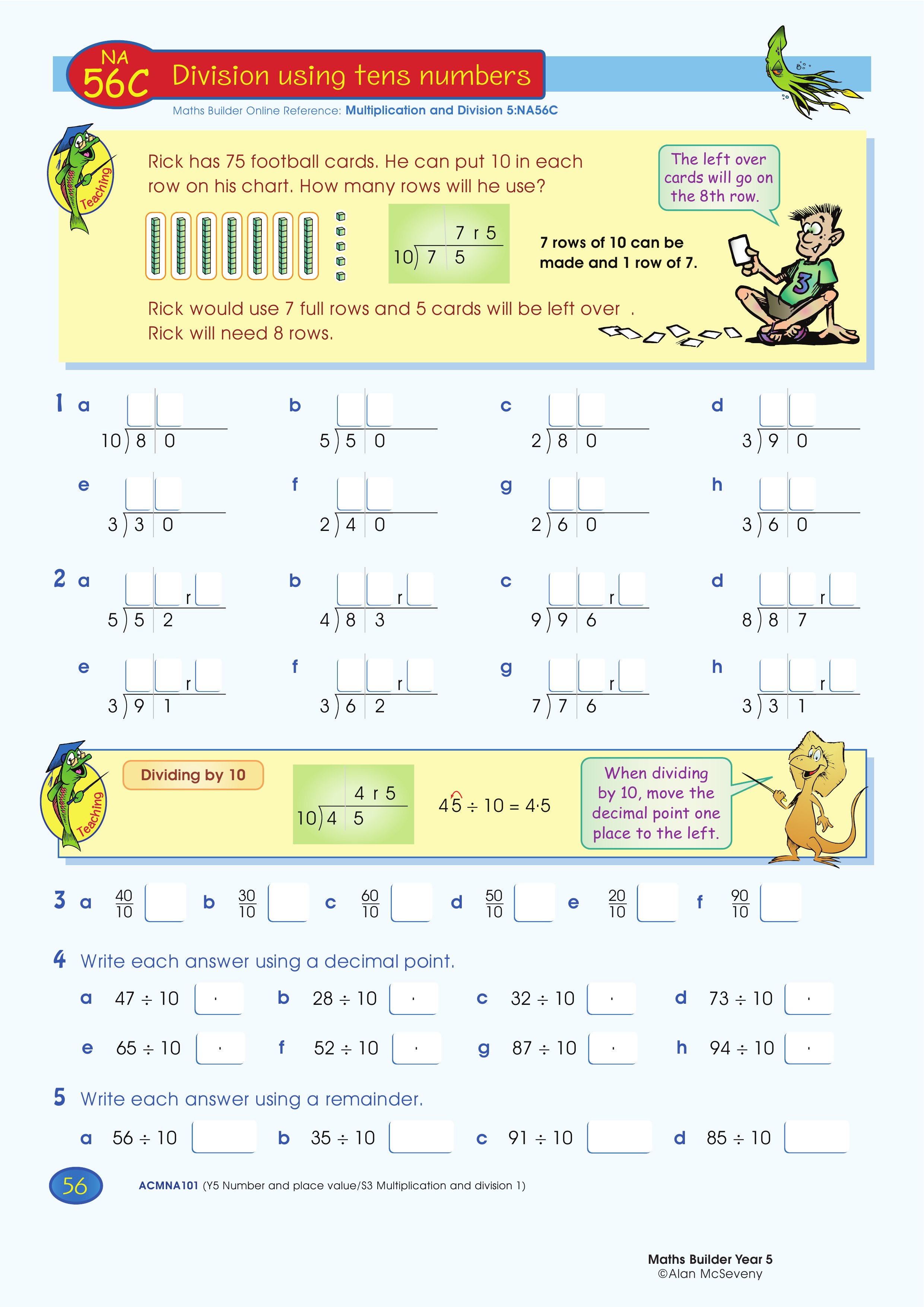 Division using tens numbers — worksheet preview
