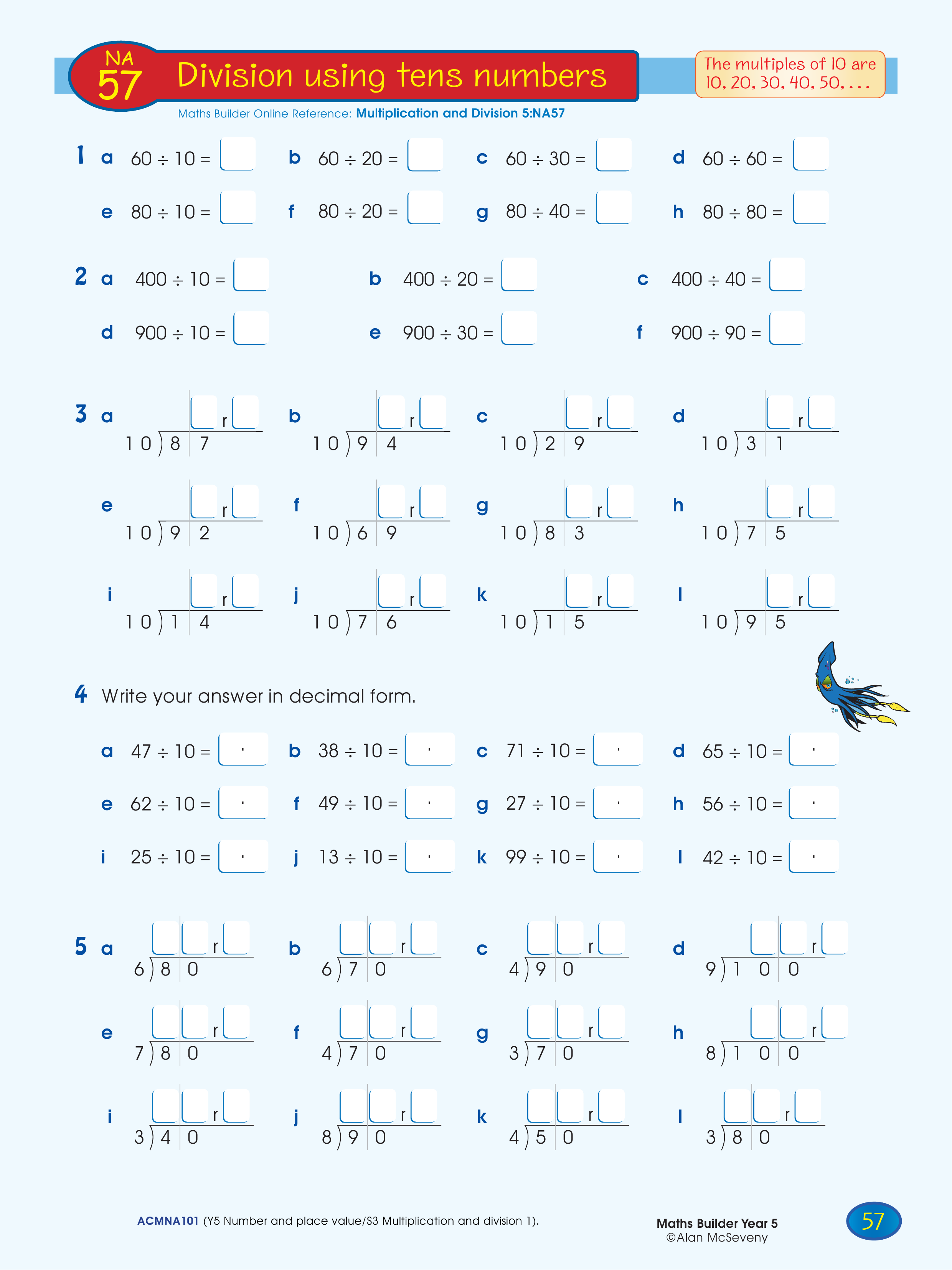 Division using tens numbers — worksheet preview
