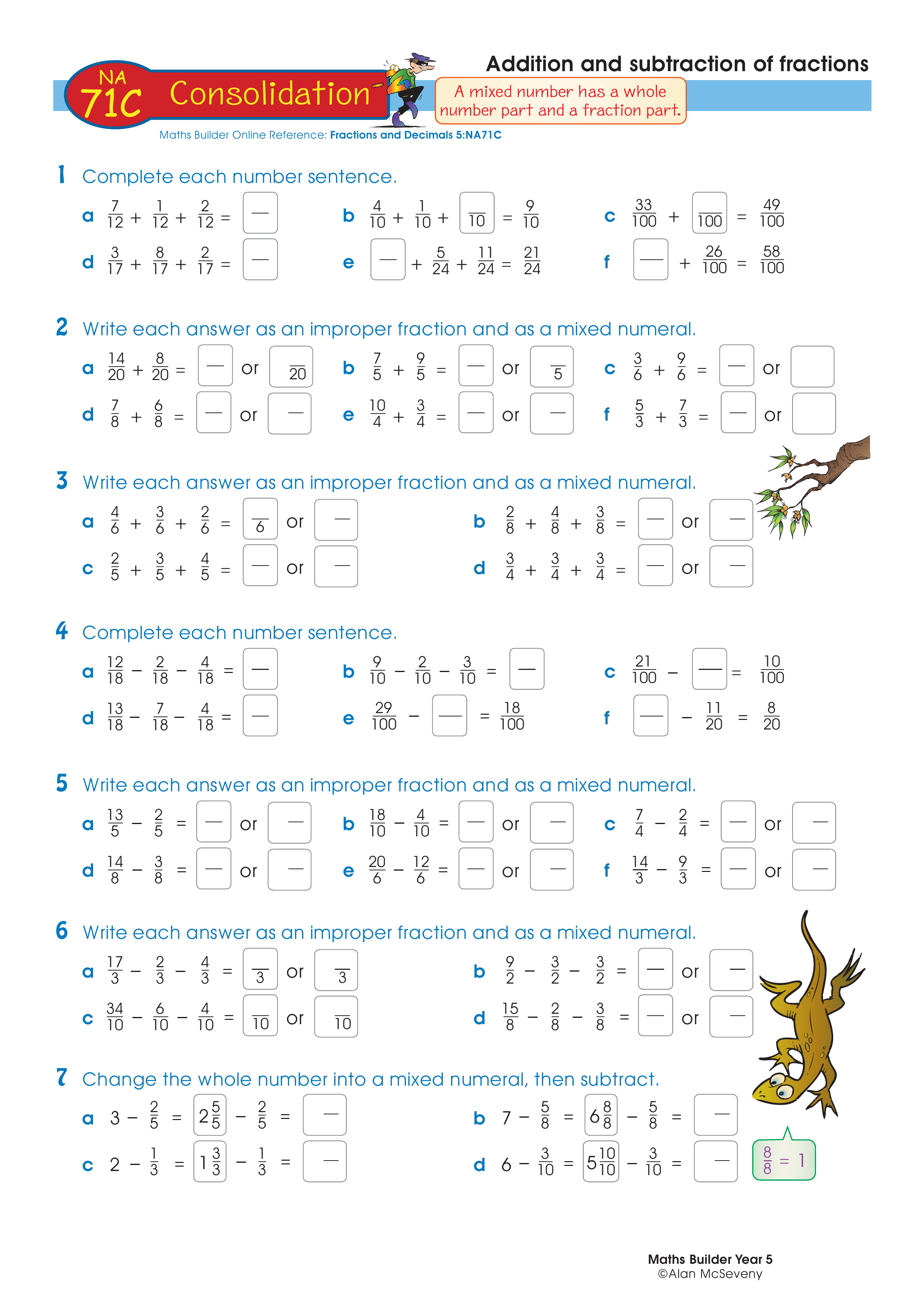 Addition and subtraction of fractions — worksheet preview