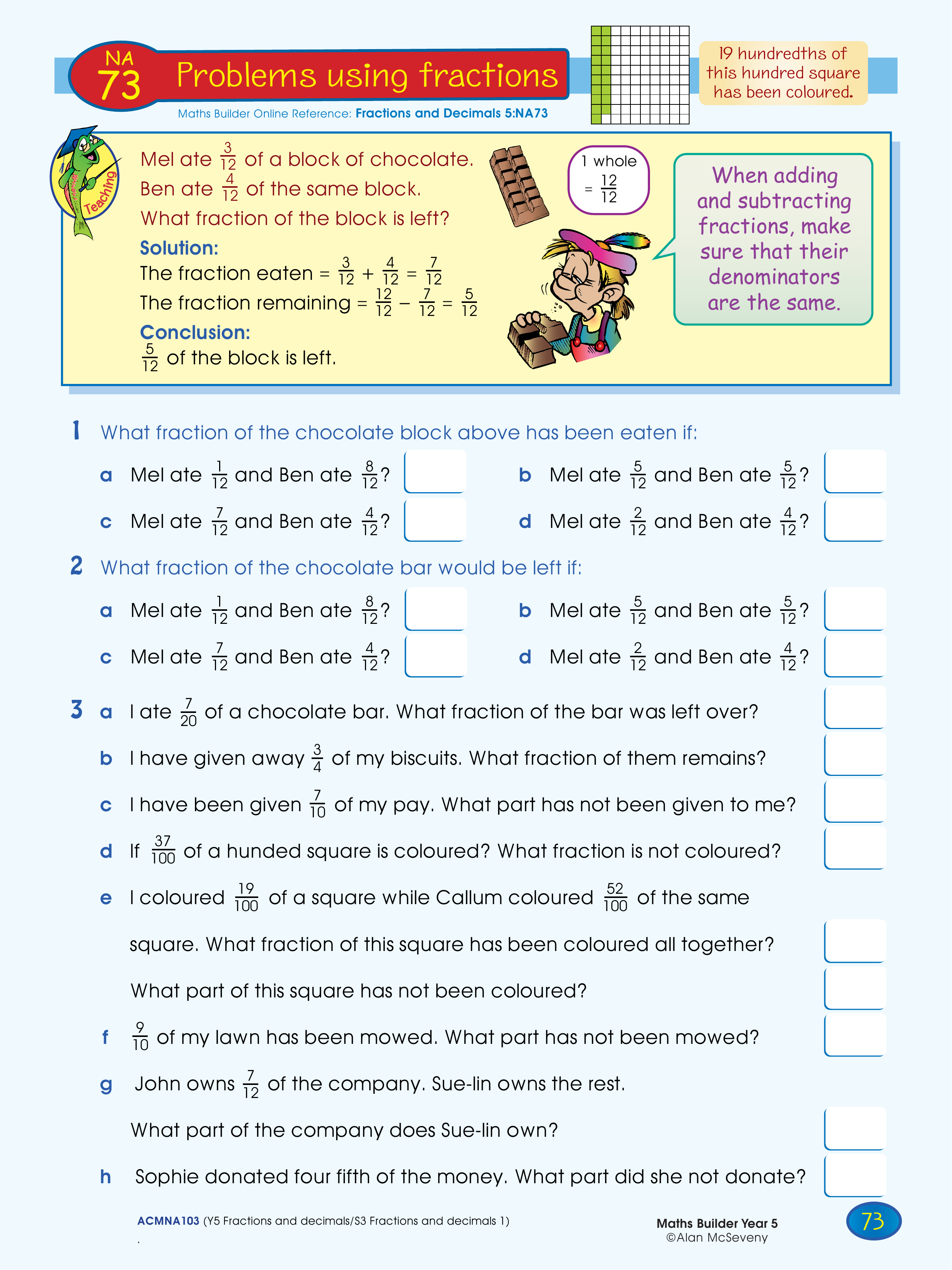 Problems using fractions — worksheet preview