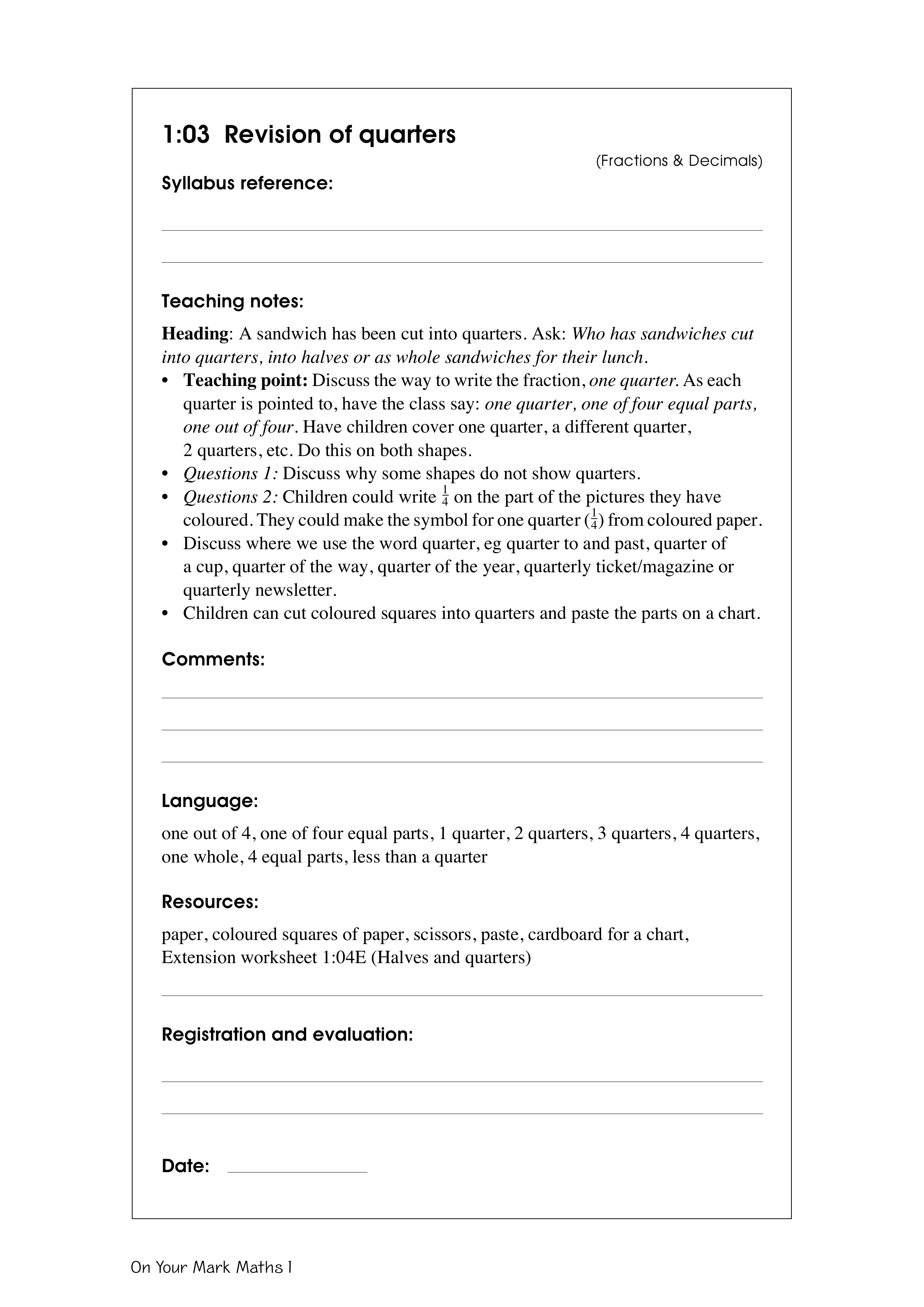Revision of quarters — worksheet preview