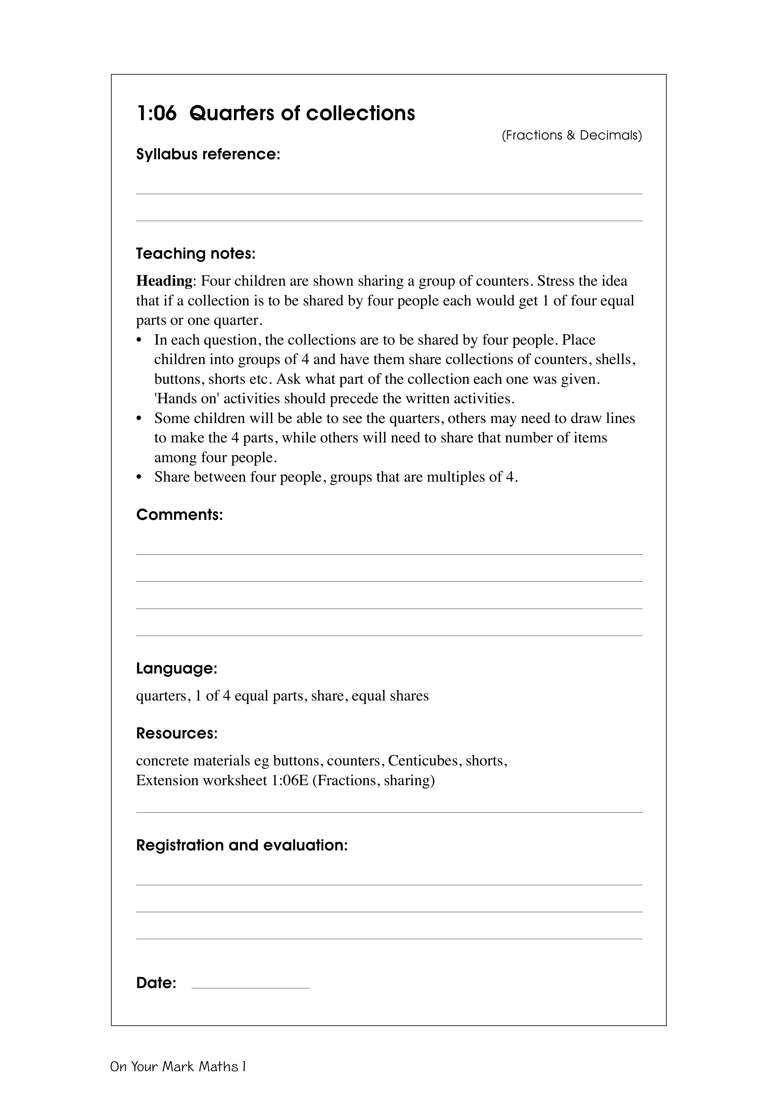 Quarters of collections — worksheet preview