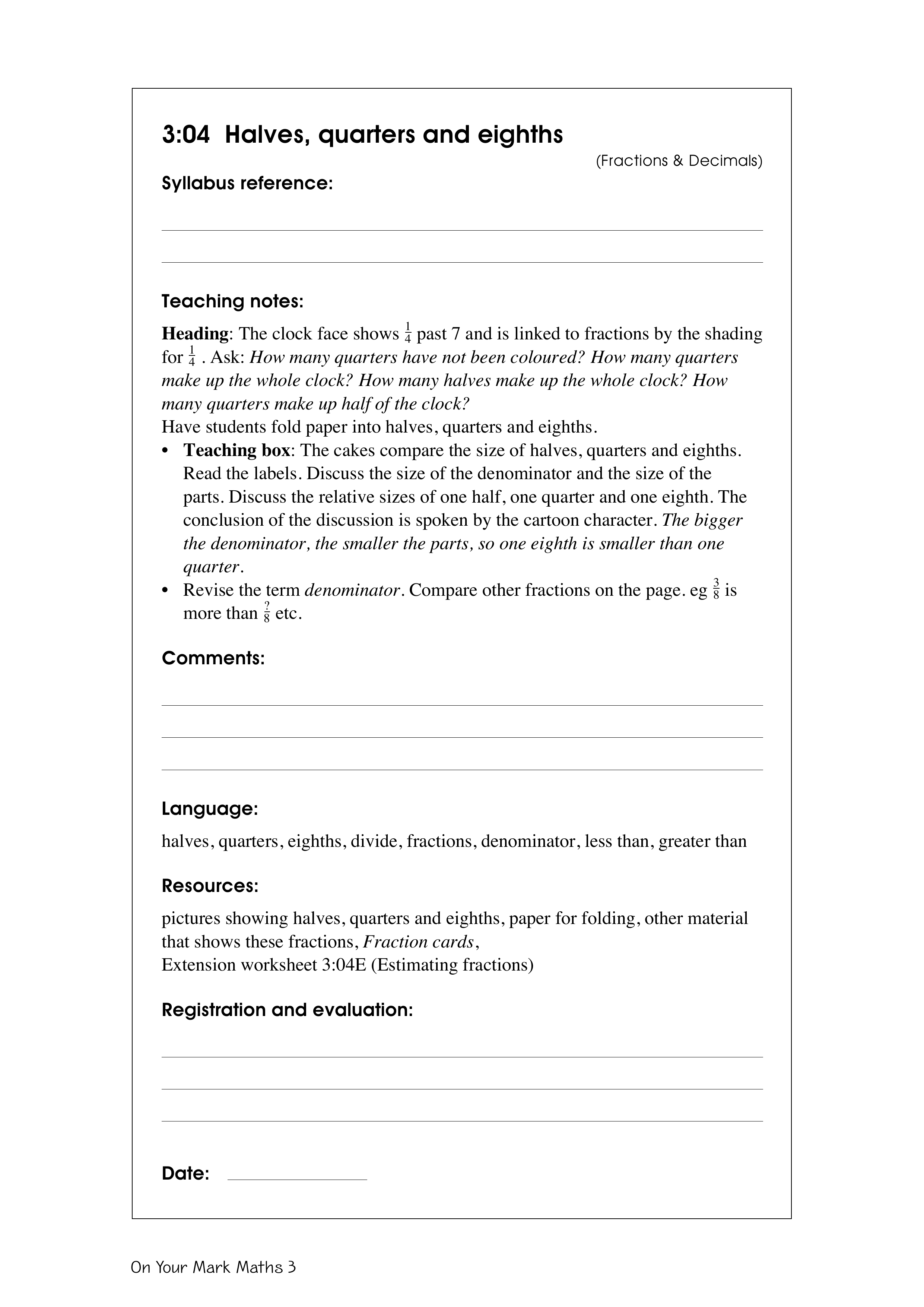 Halves, quarters and eighths — worksheet preview