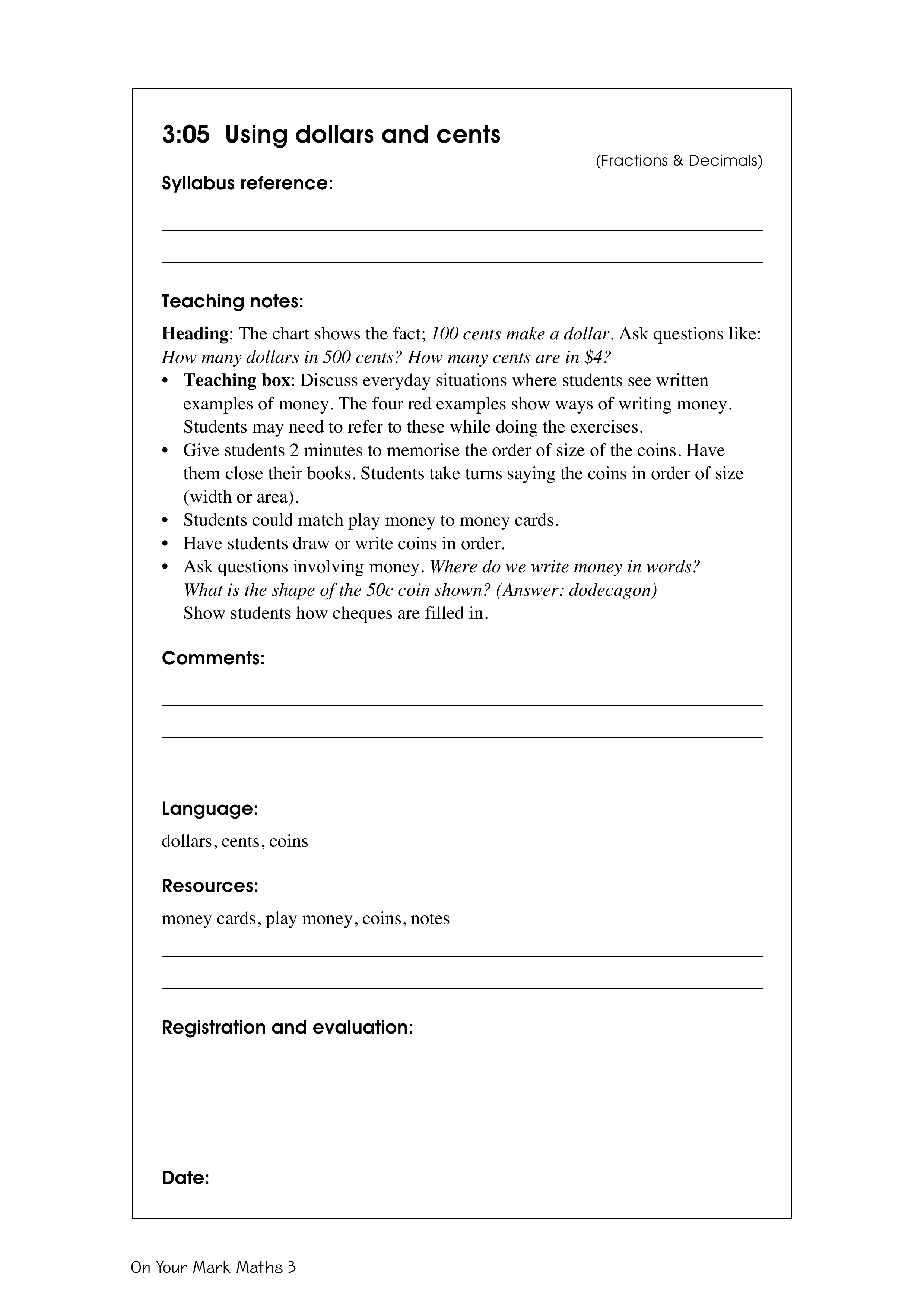 Using dollars and cents — worksheet preview