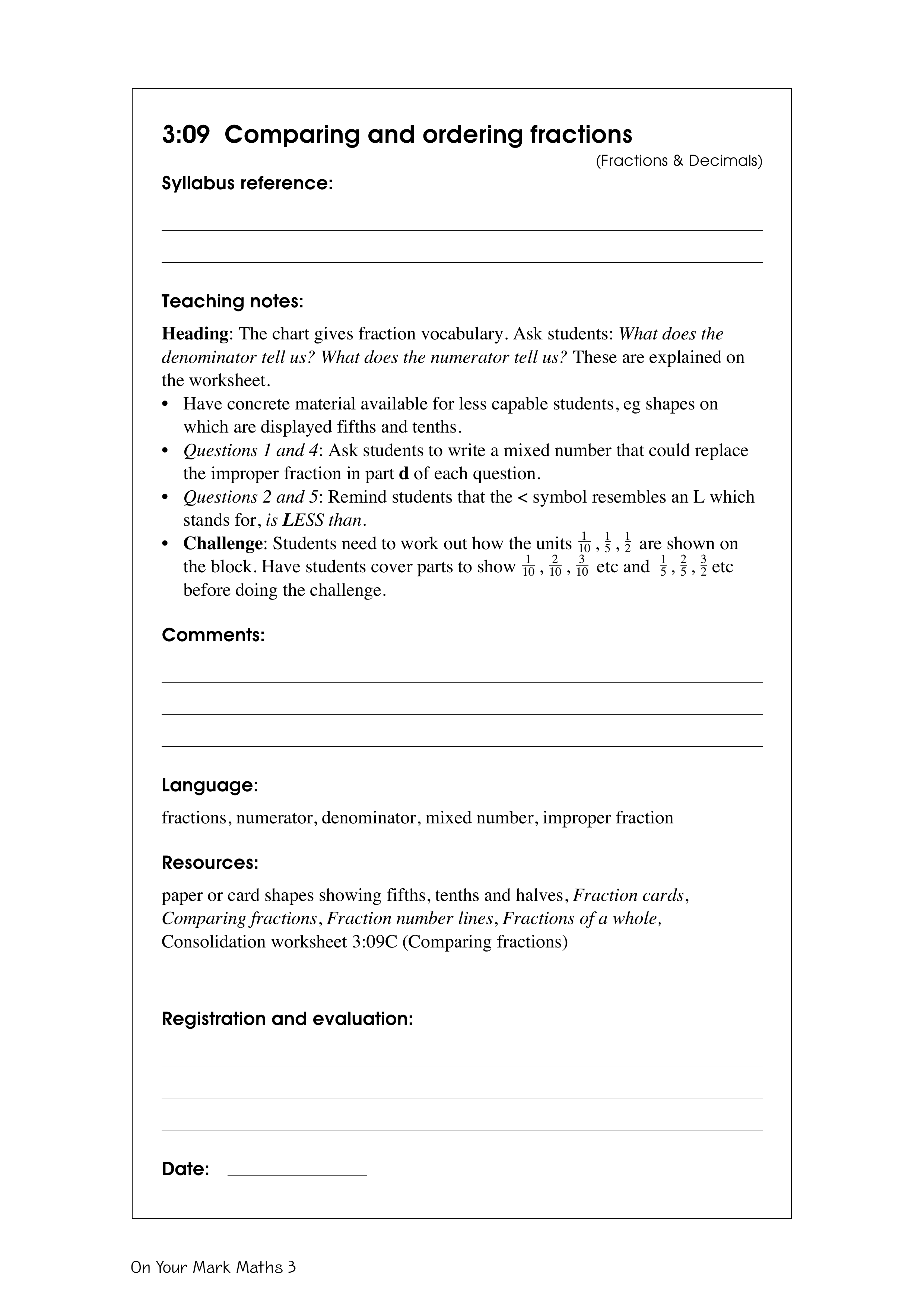 Comparing and ordering fractions — worksheet preview