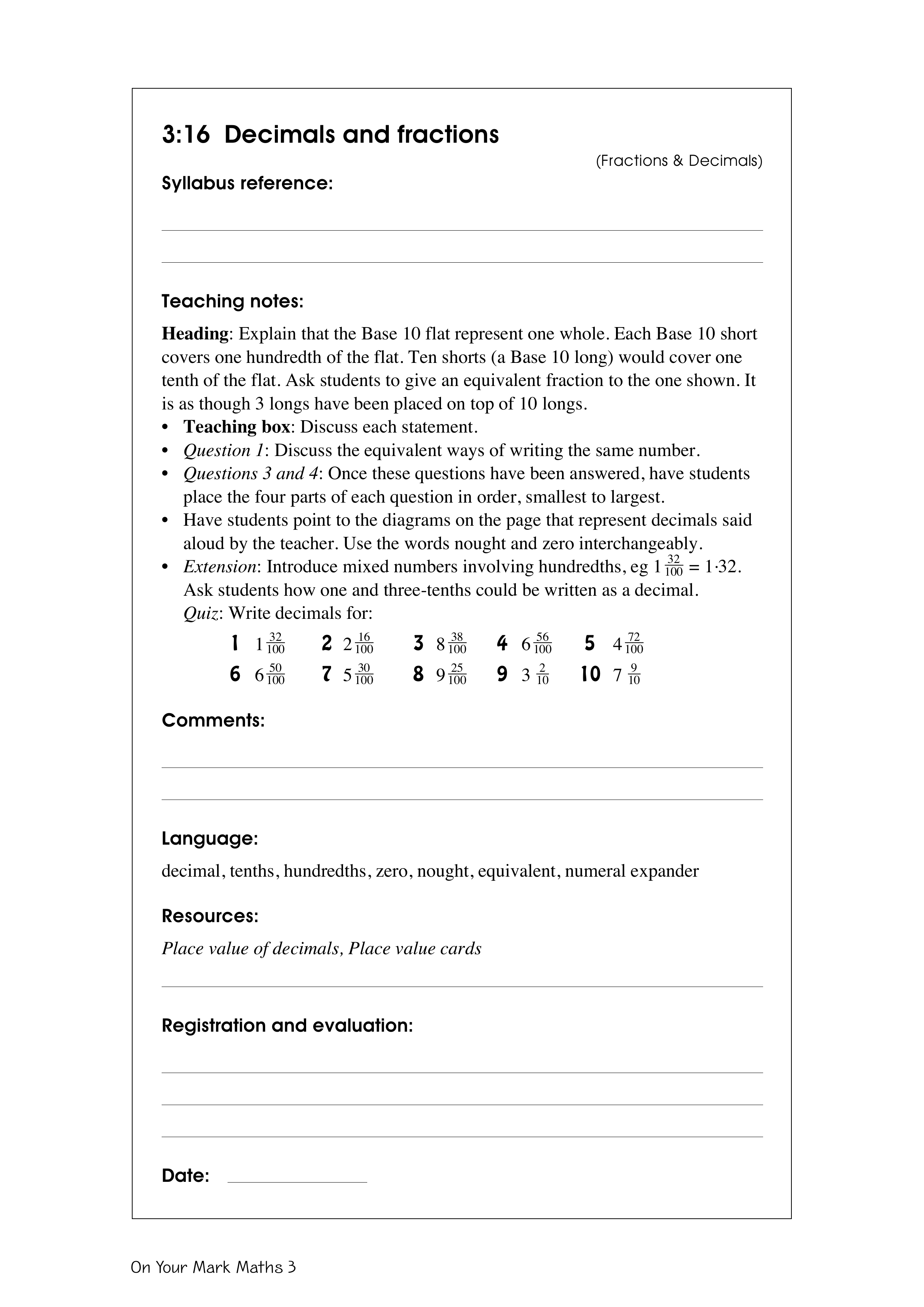 Decimals and fractions — worksheet preview