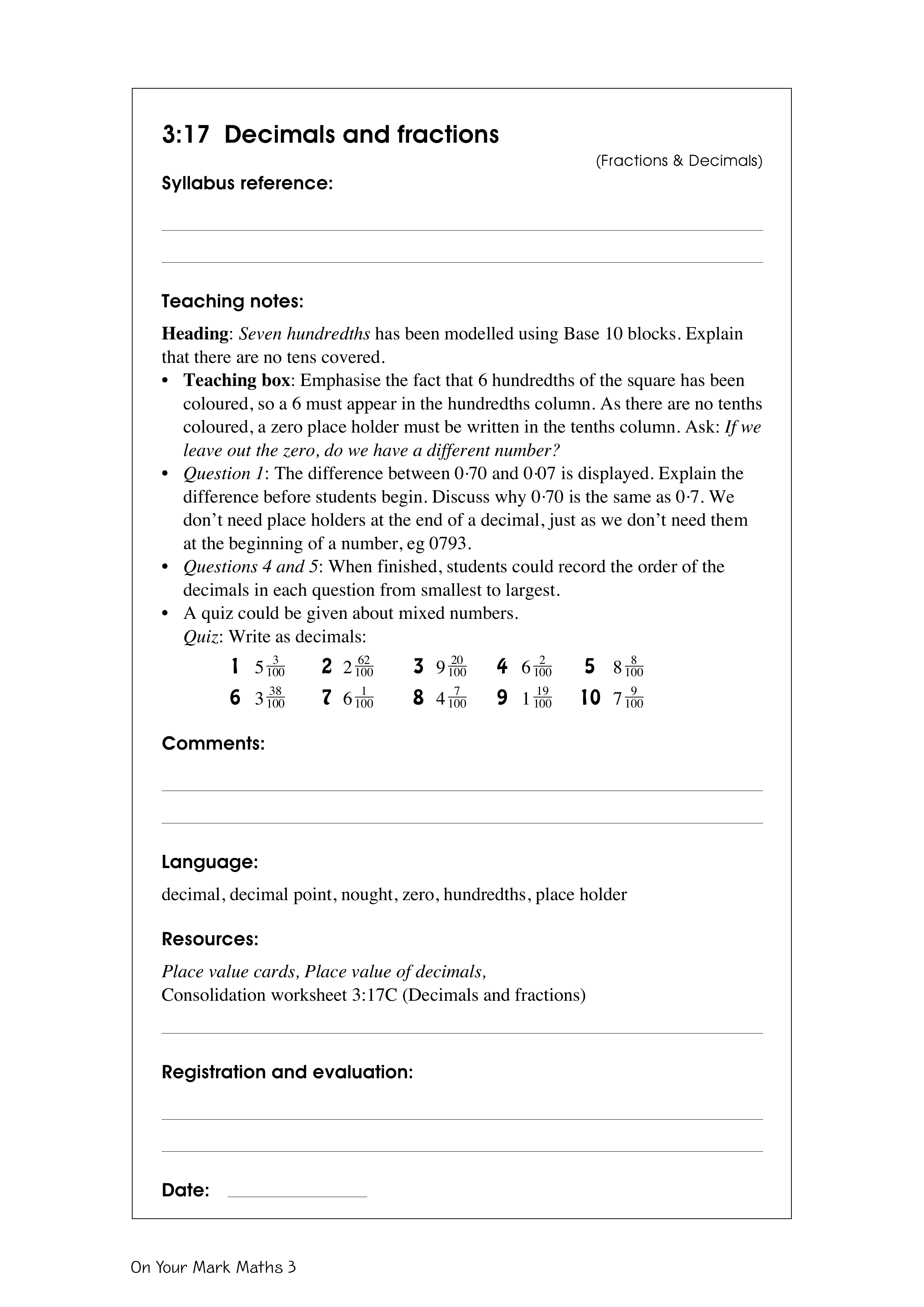 Decimals and fractions — worksheet preview