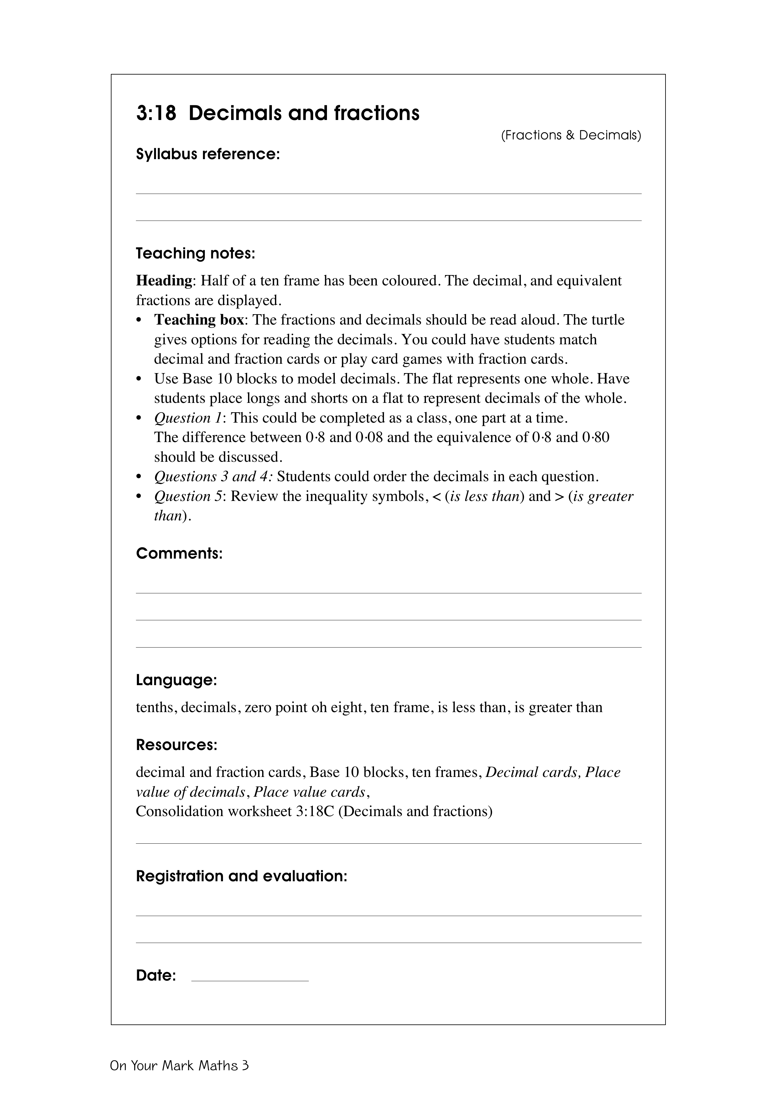 Decimals and fractions — worksheet preview