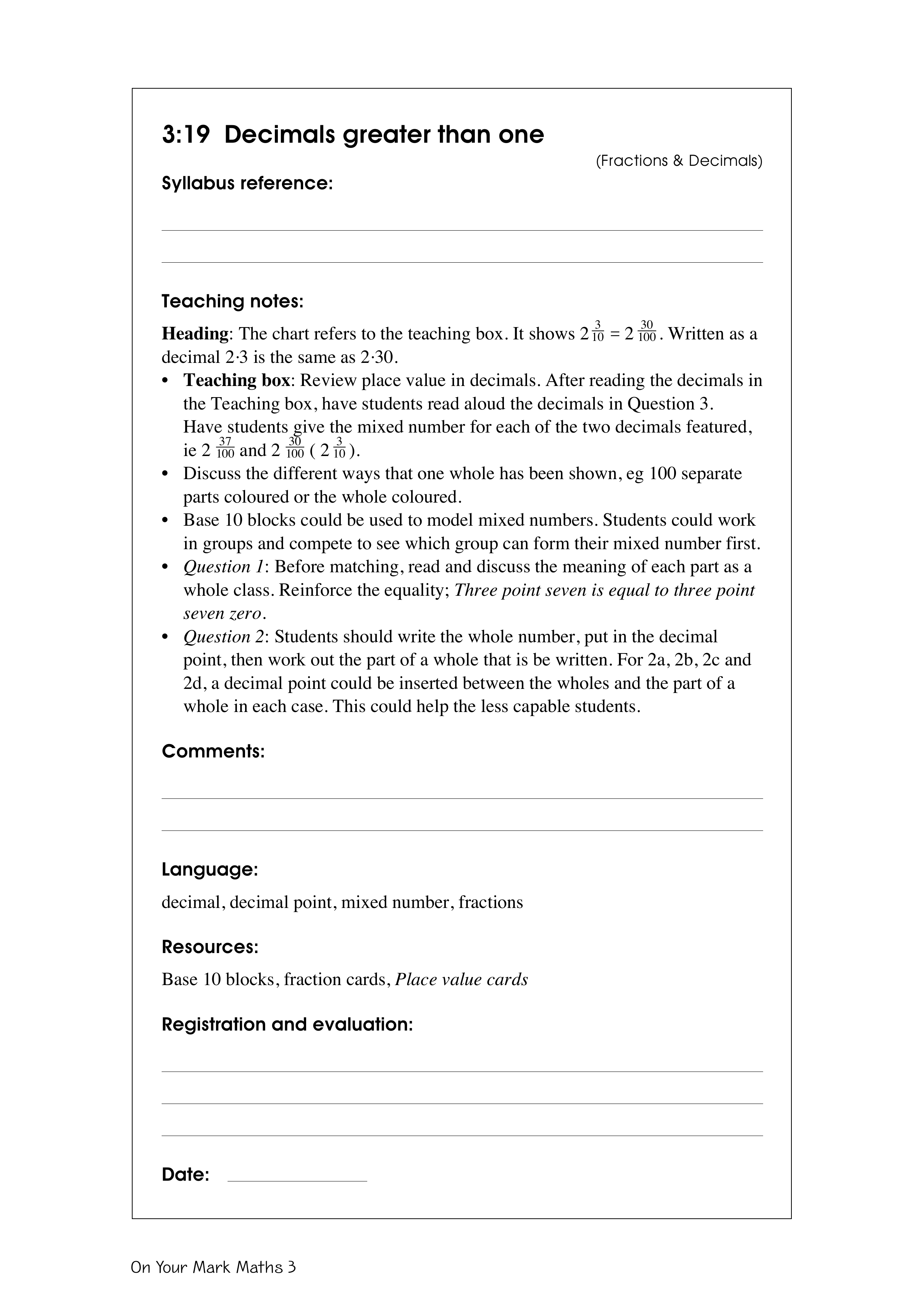 Decimals greater than one — worksheet preview