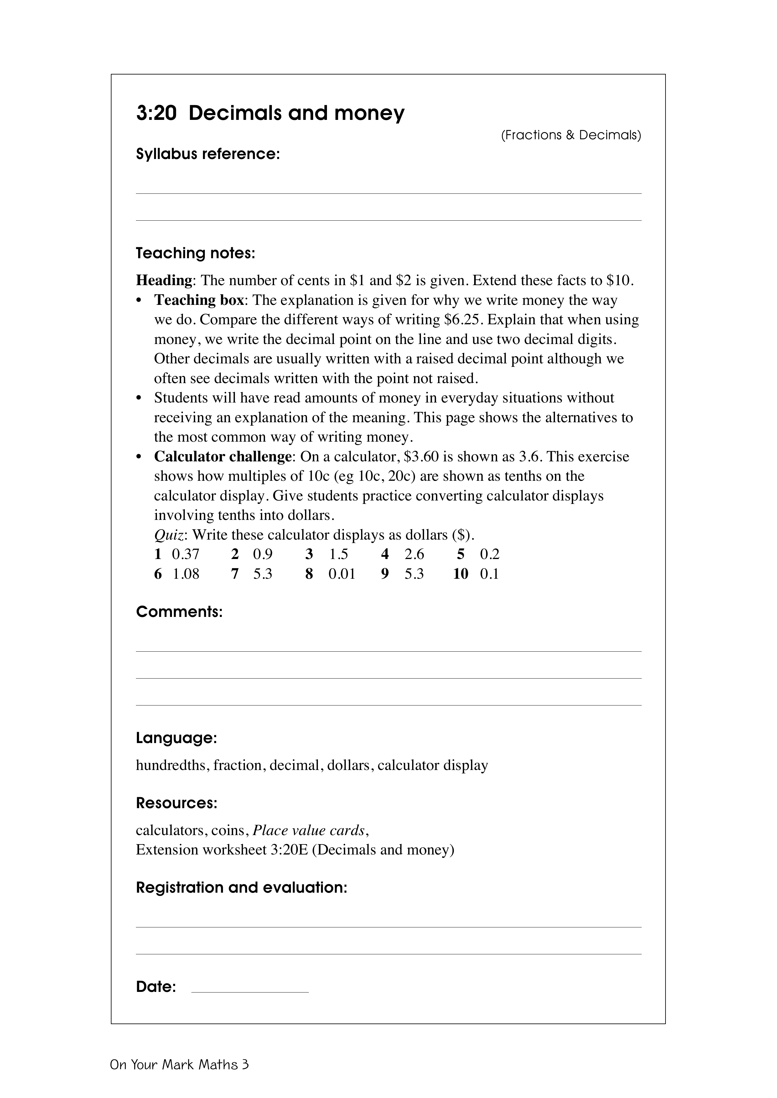 Decimals and money — worksheet preview