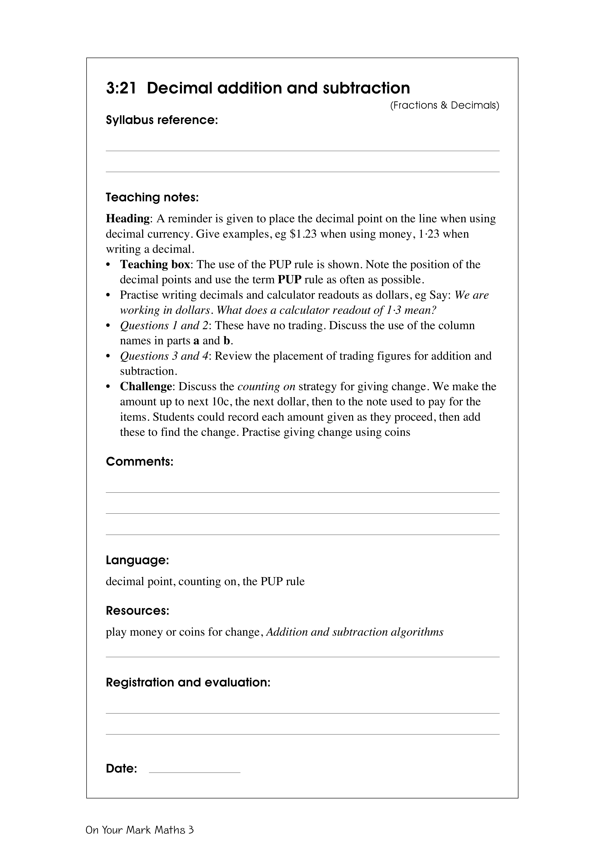 Decimal addition and subtraction — worksheet preview