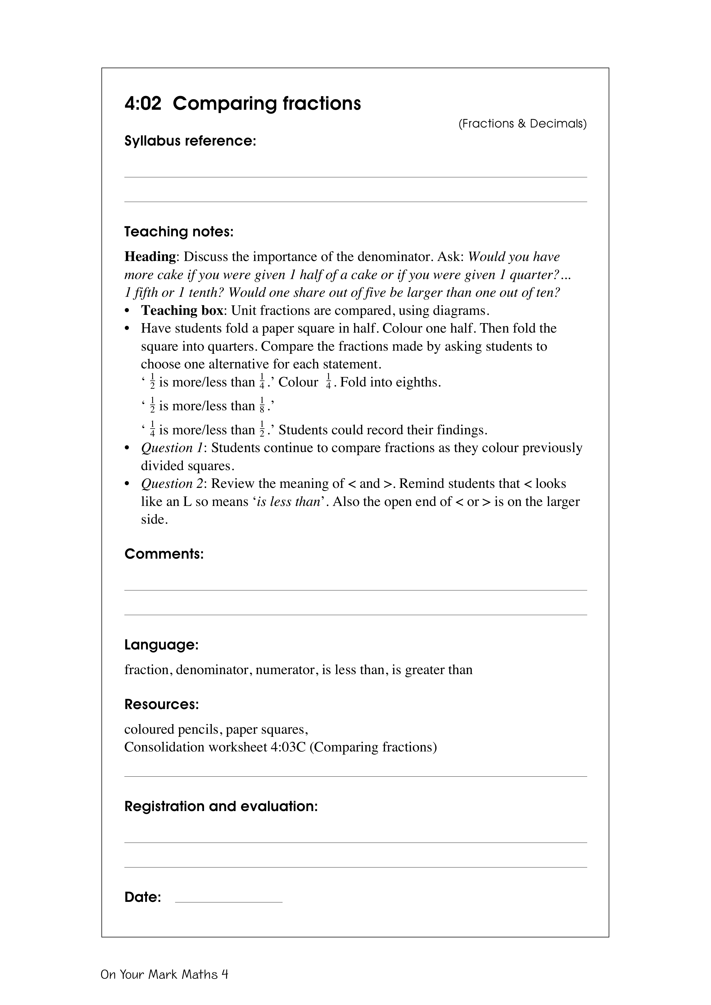 Comparing fractions — worksheet preview