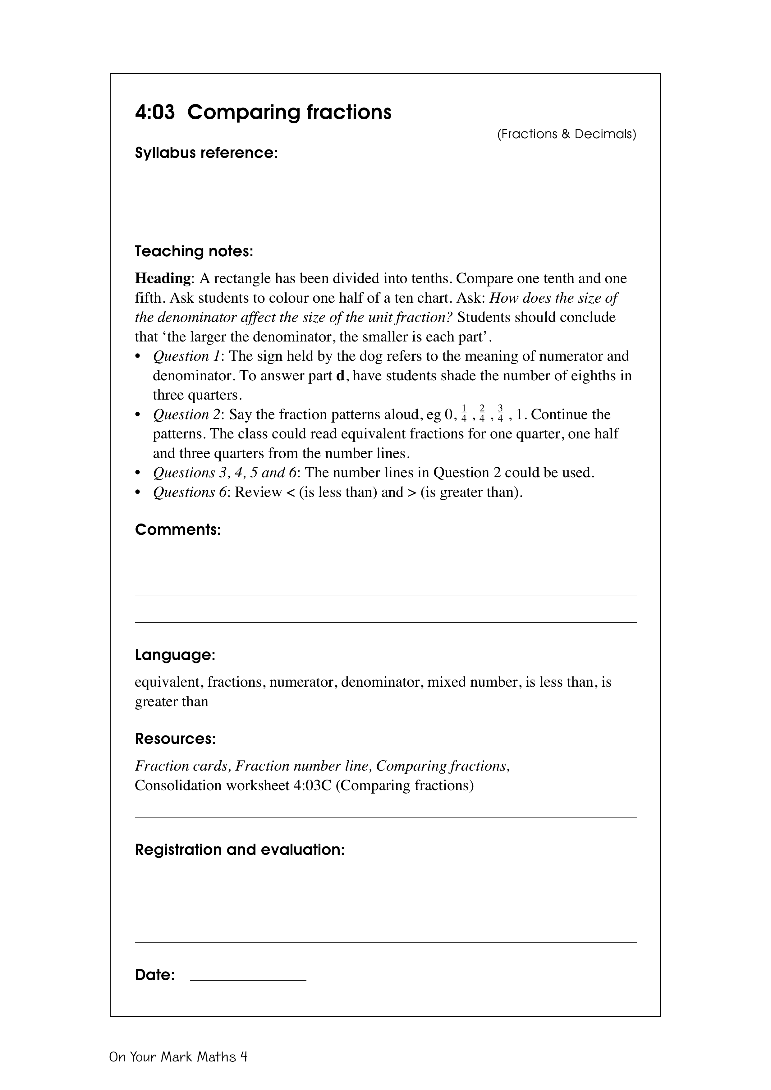 Comparing fractions — worksheet preview