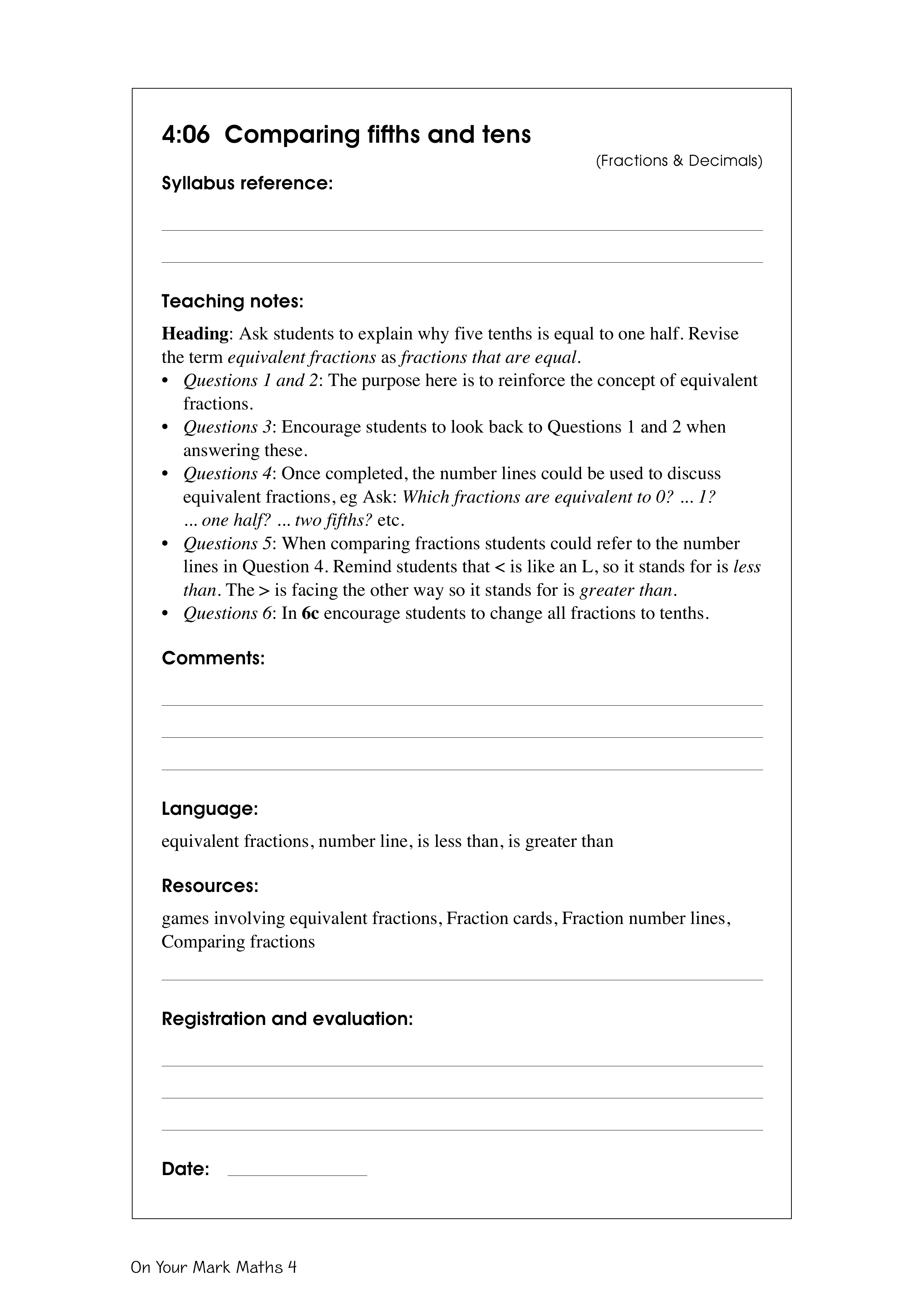 Comparing fifths and tenths — worksheet preview