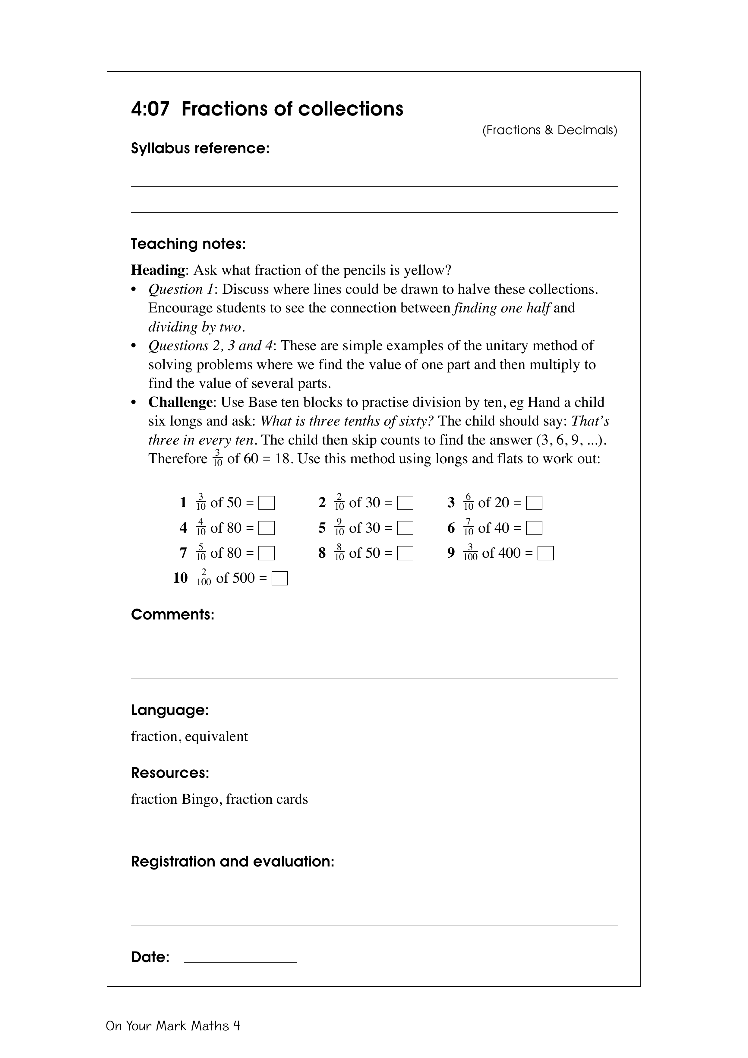 Fractions of collections — worksheet preview