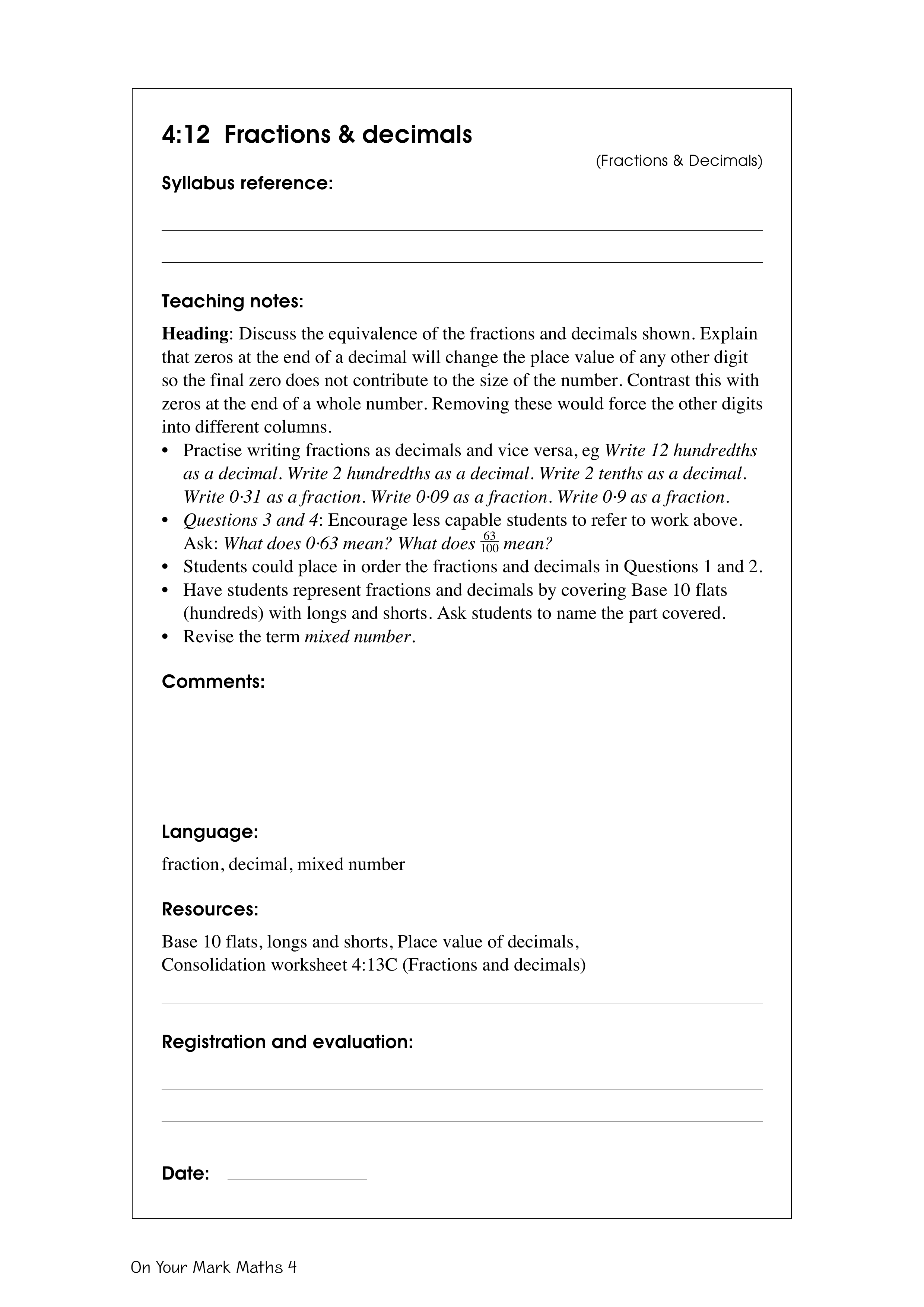 Fractions & decimals — worksheet preview