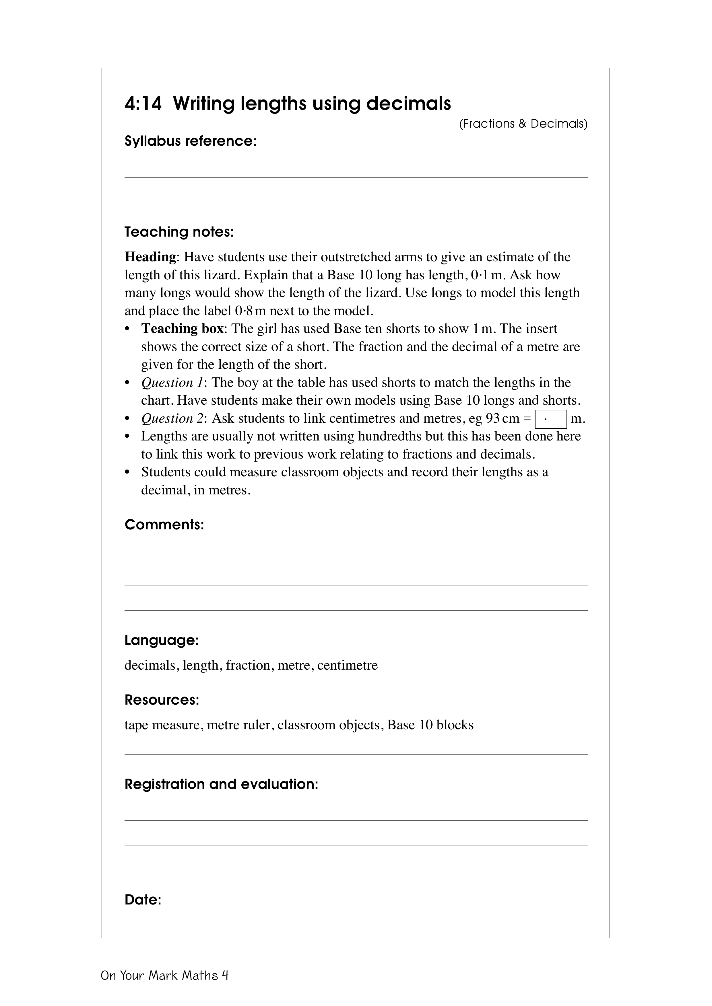 Writing lengths using decimals — worksheet preview