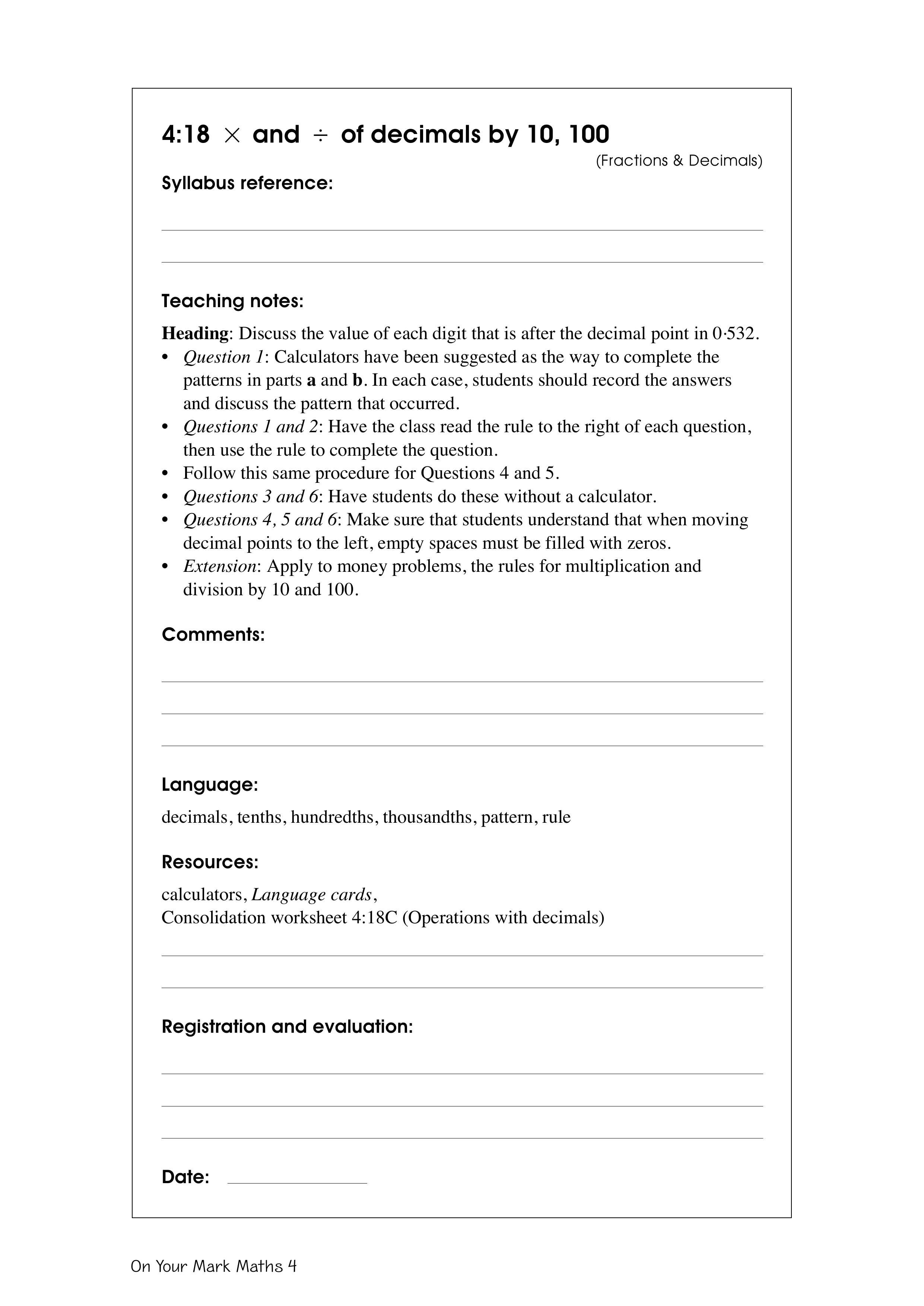 Multiplication and division of decimals by 10, 100 — worksheet preview