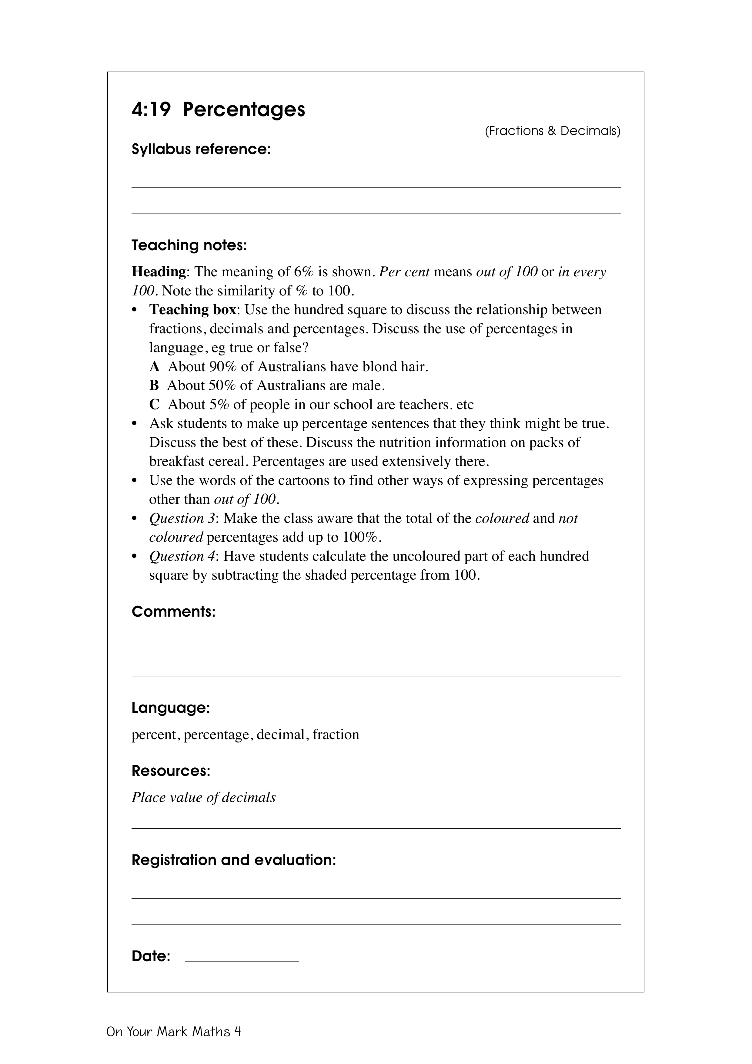 Percentages — worksheet preview