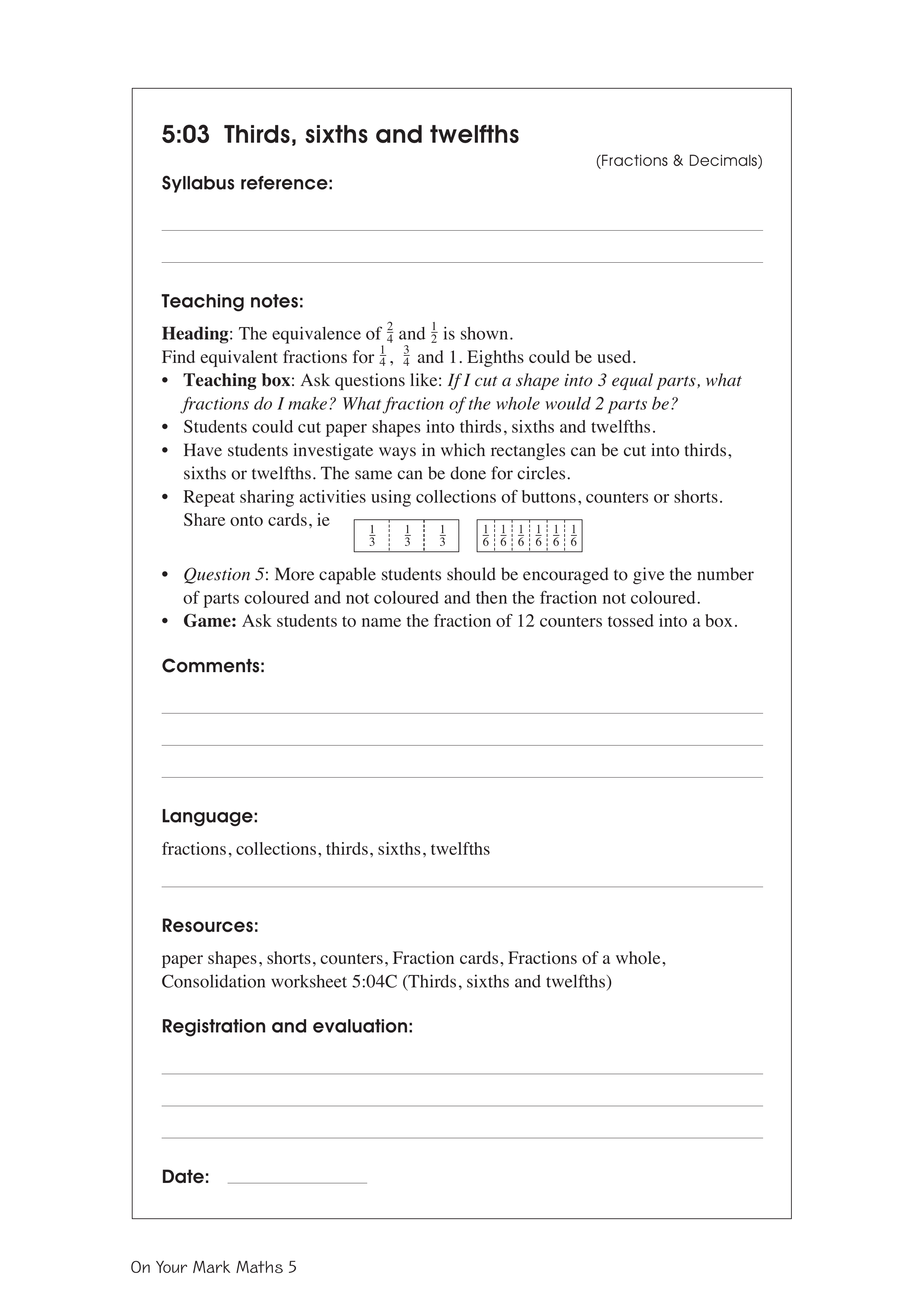 Thirds, sixths and twelfths — worksheet preview