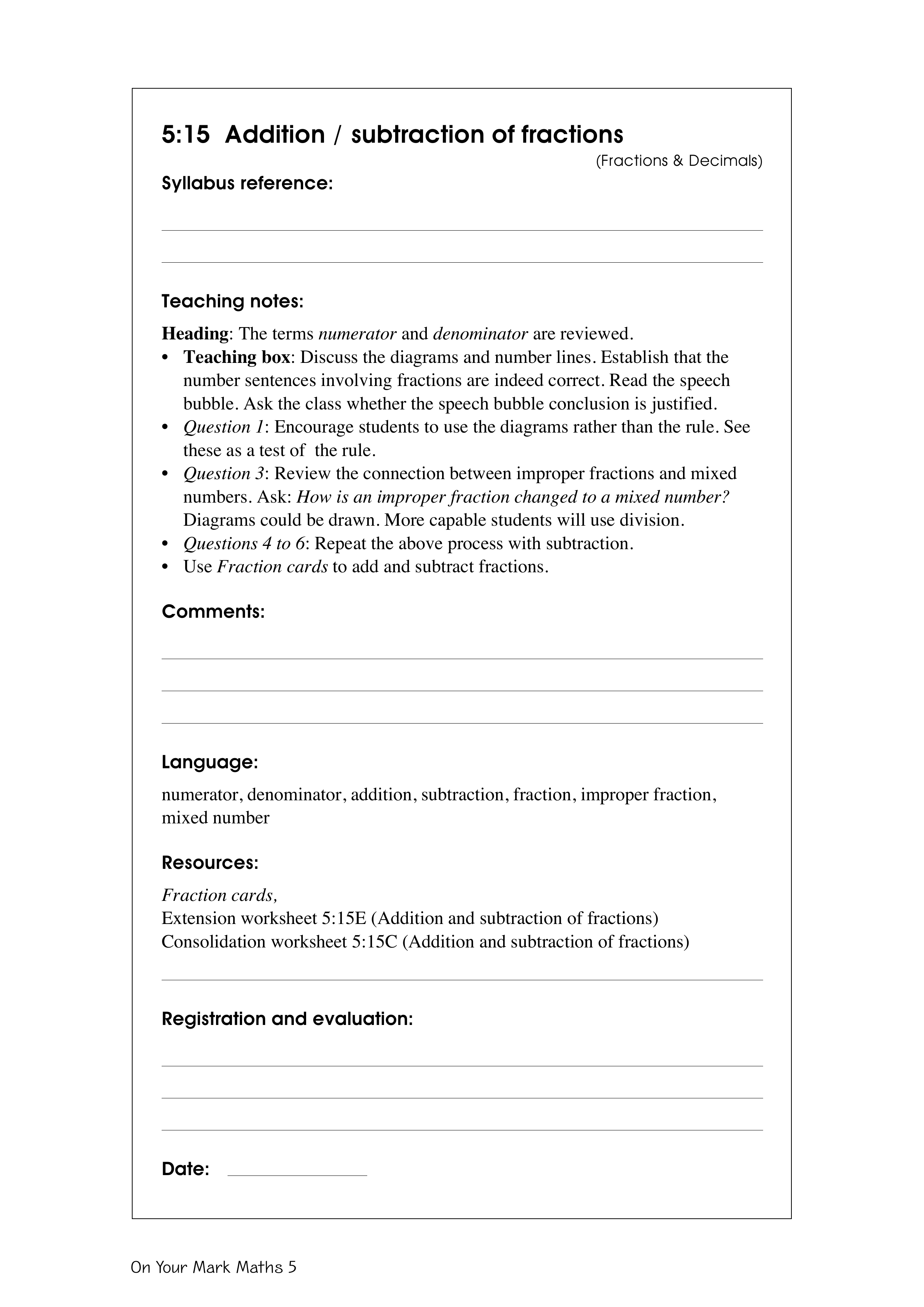 Addition / subtraction of fractions — worksheet preview