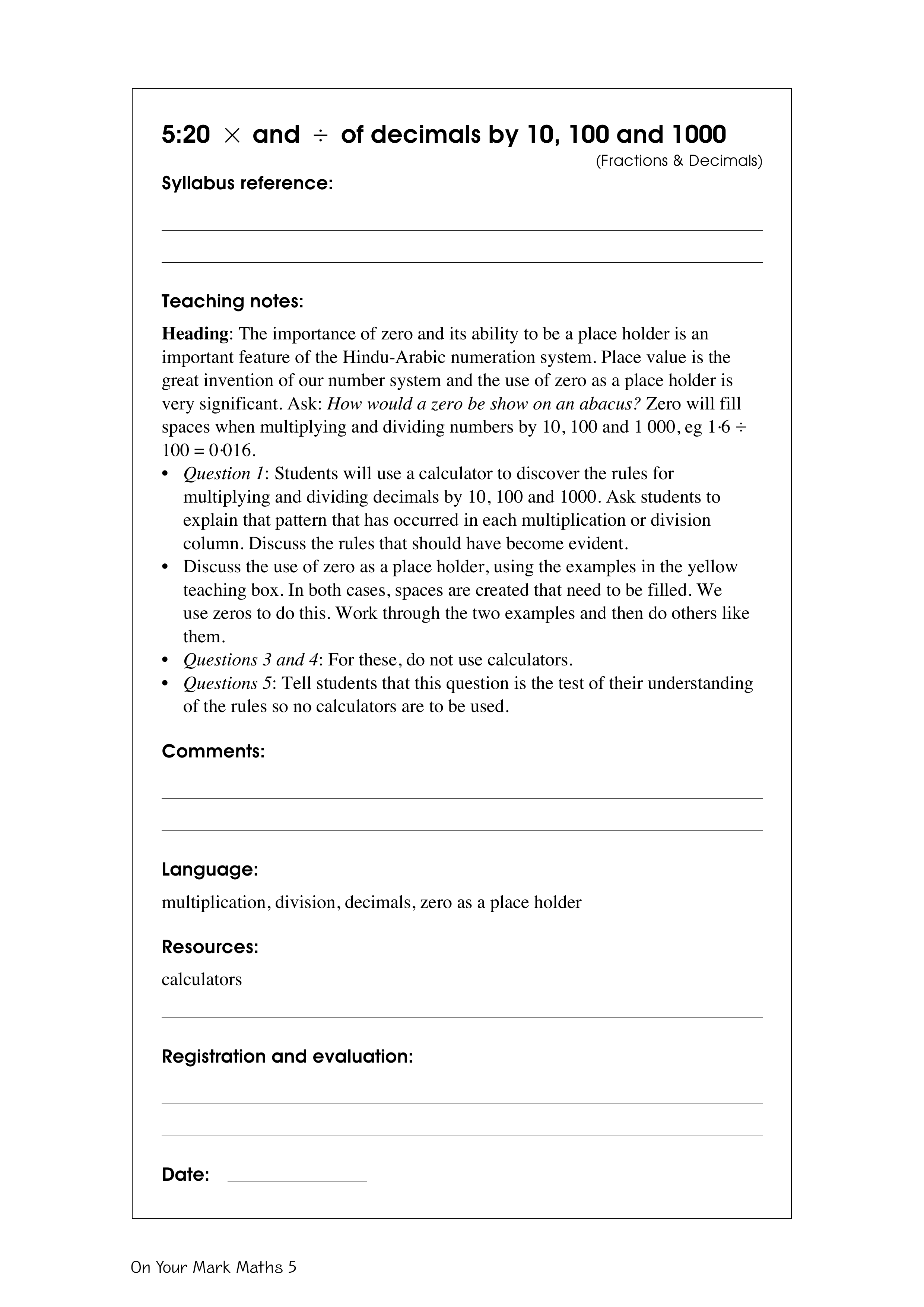 Multiplication and division of decimals by 10, 100 and 1000 — worksheet preview
