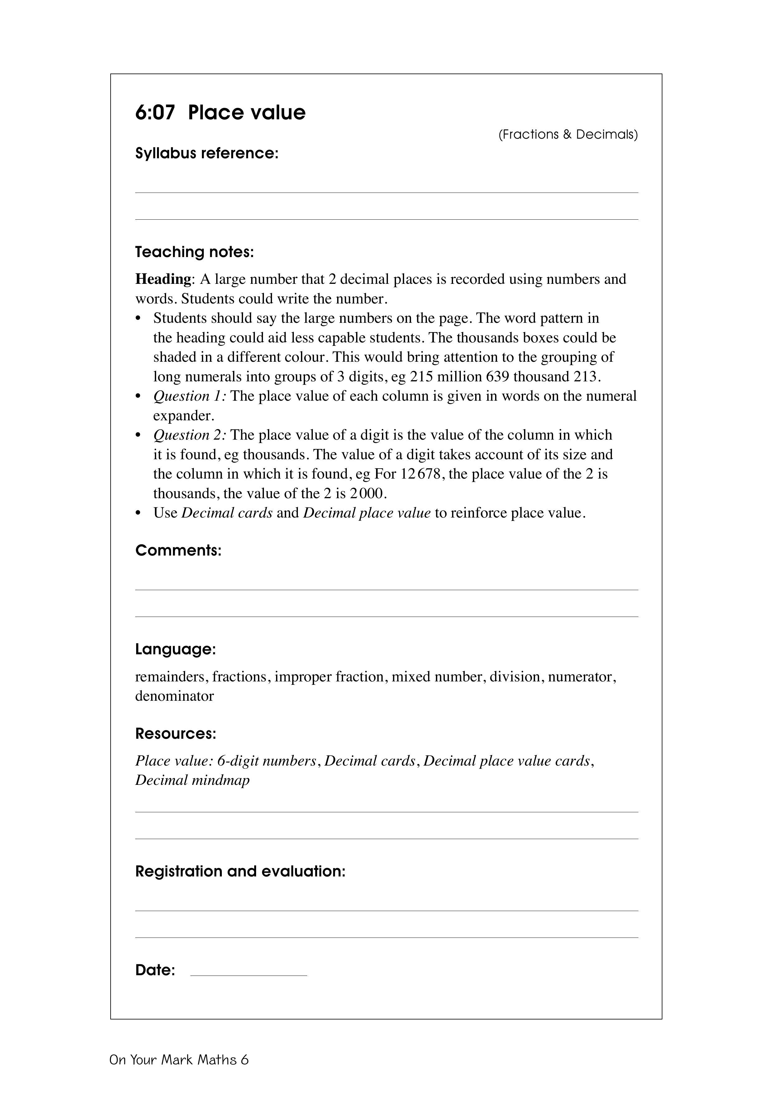 Place value — worksheet preview