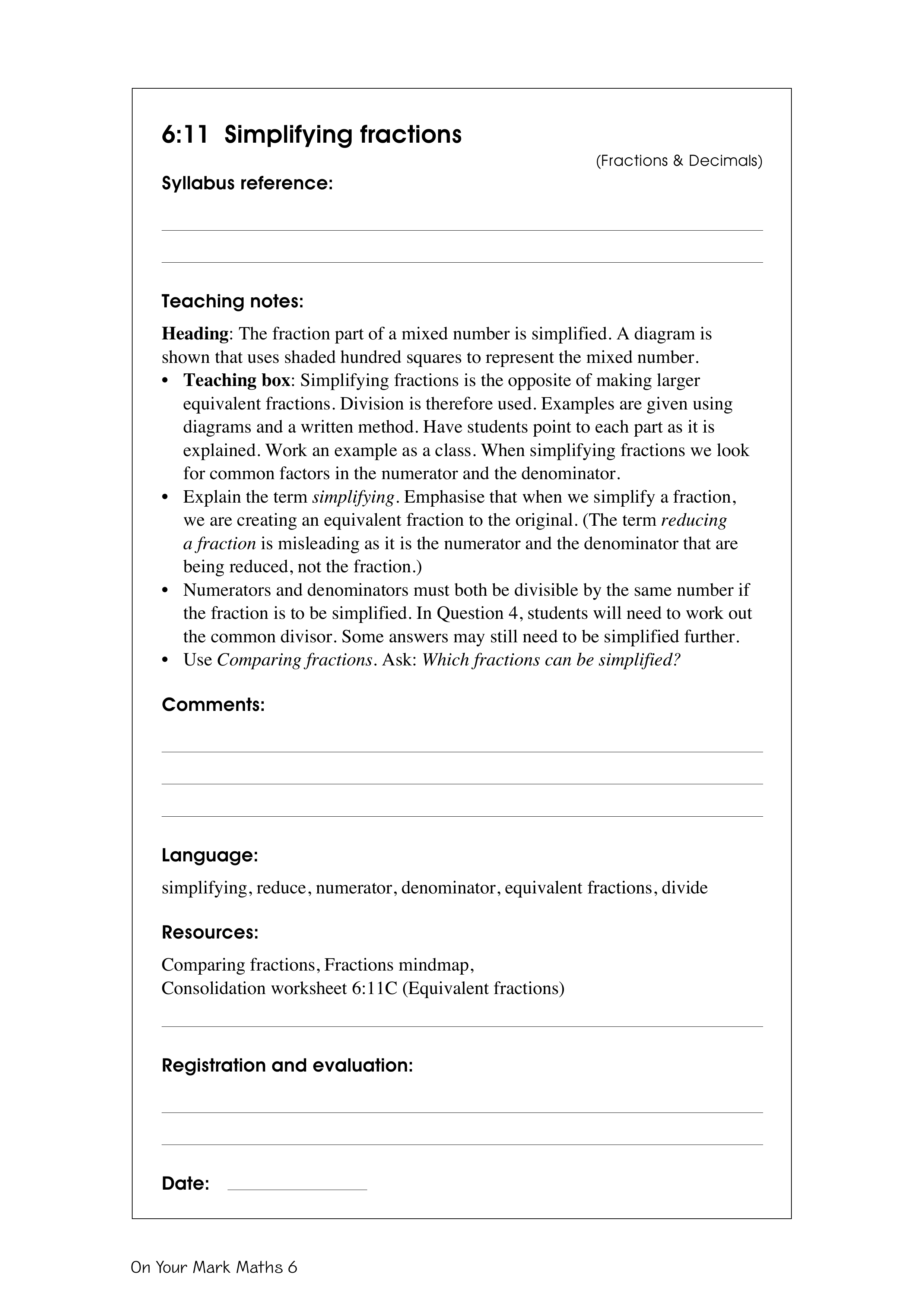 Simplifying fractions — worksheet preview