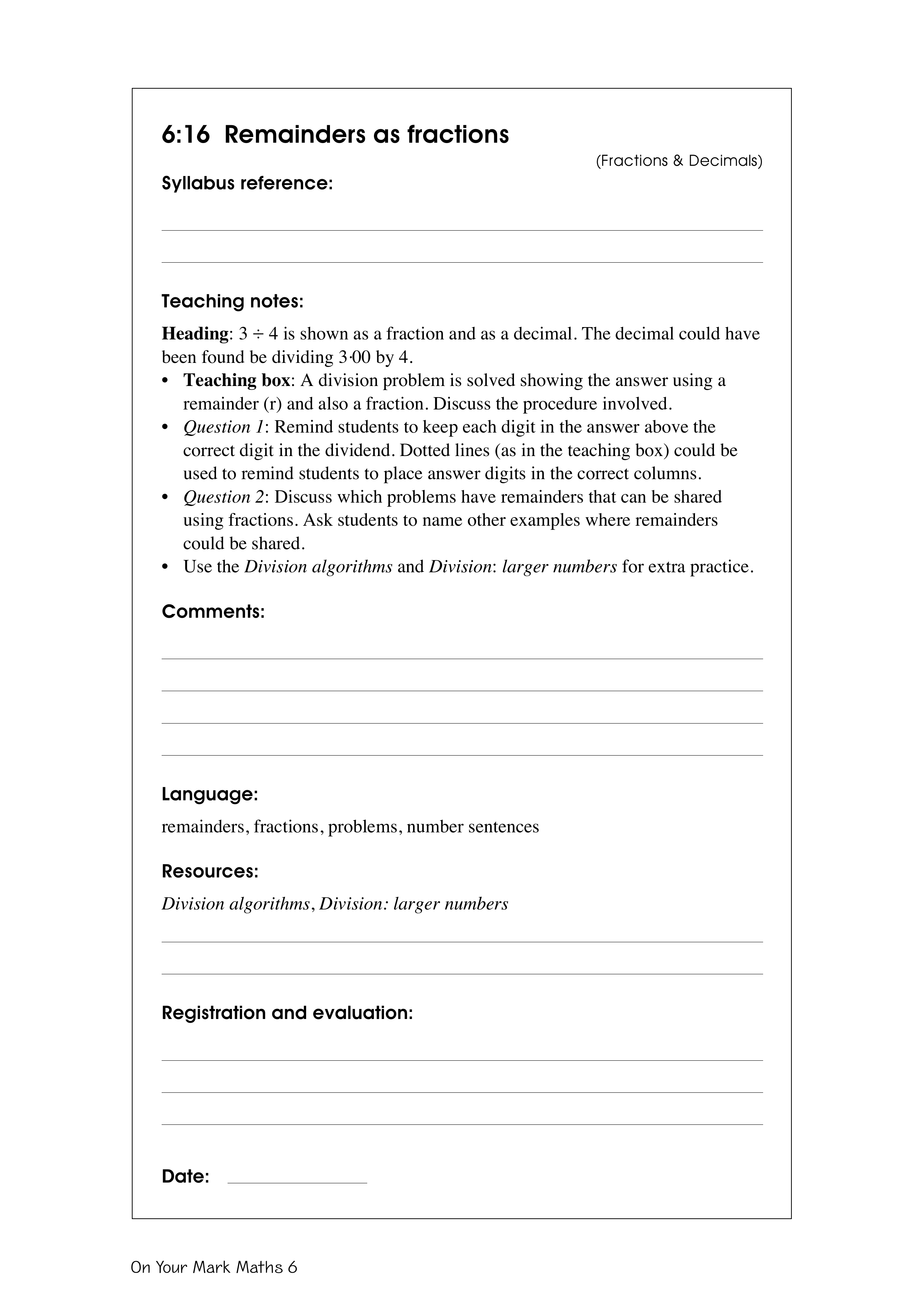 Remainders of fractions — worksheet preview