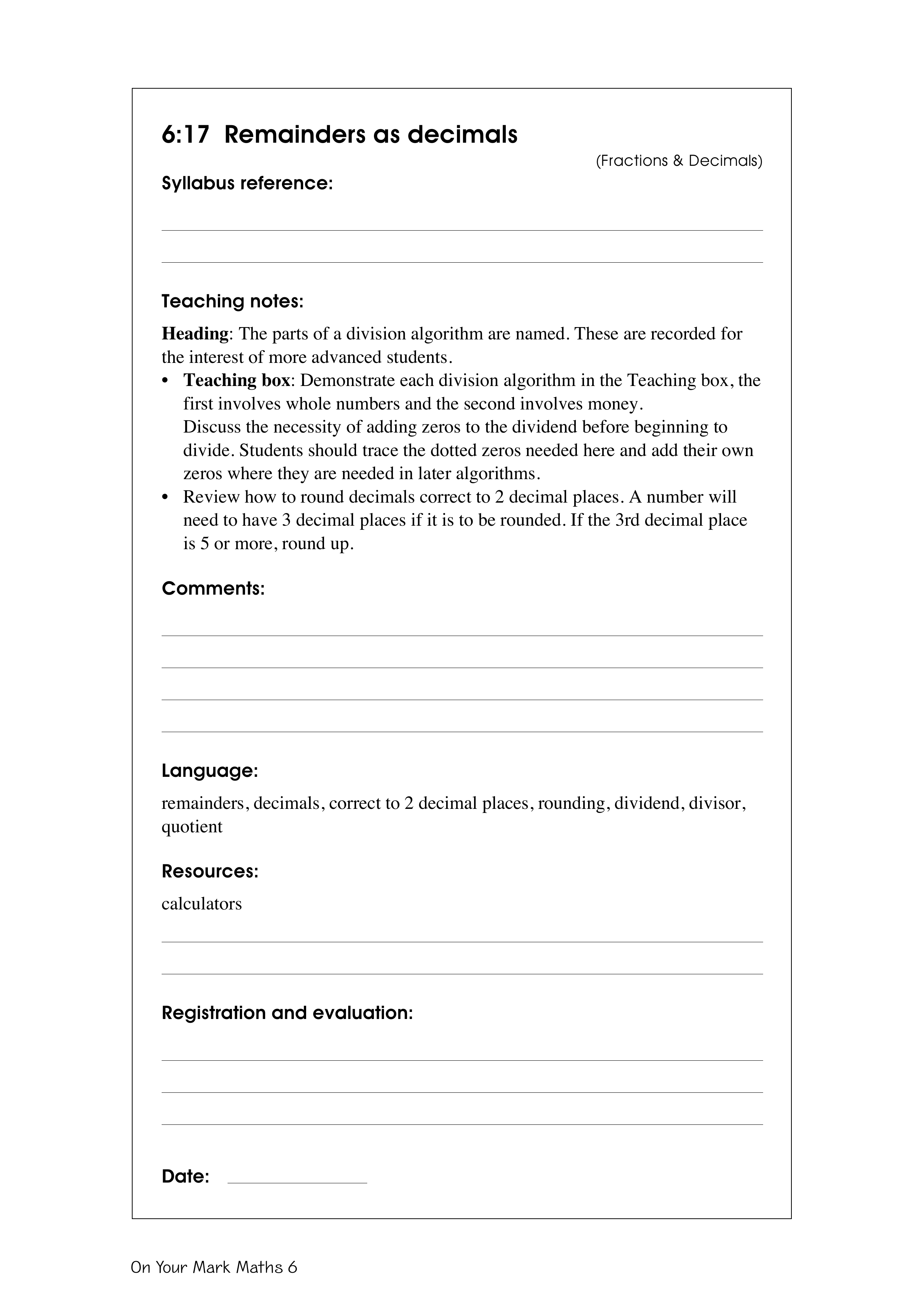 Remainders as decimals — worksheet preview