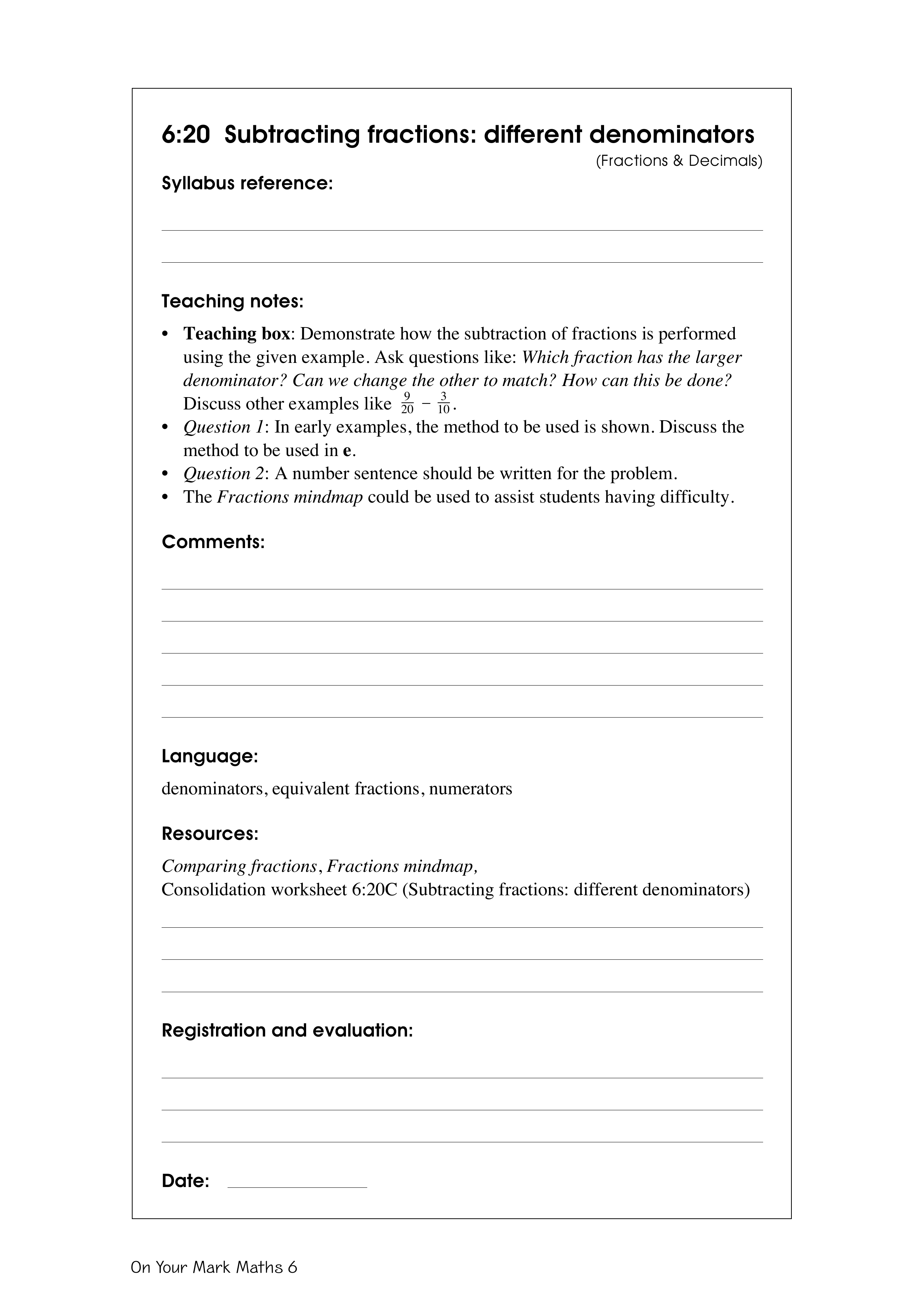 Subtracting fractions: different denominators — worksheet preview