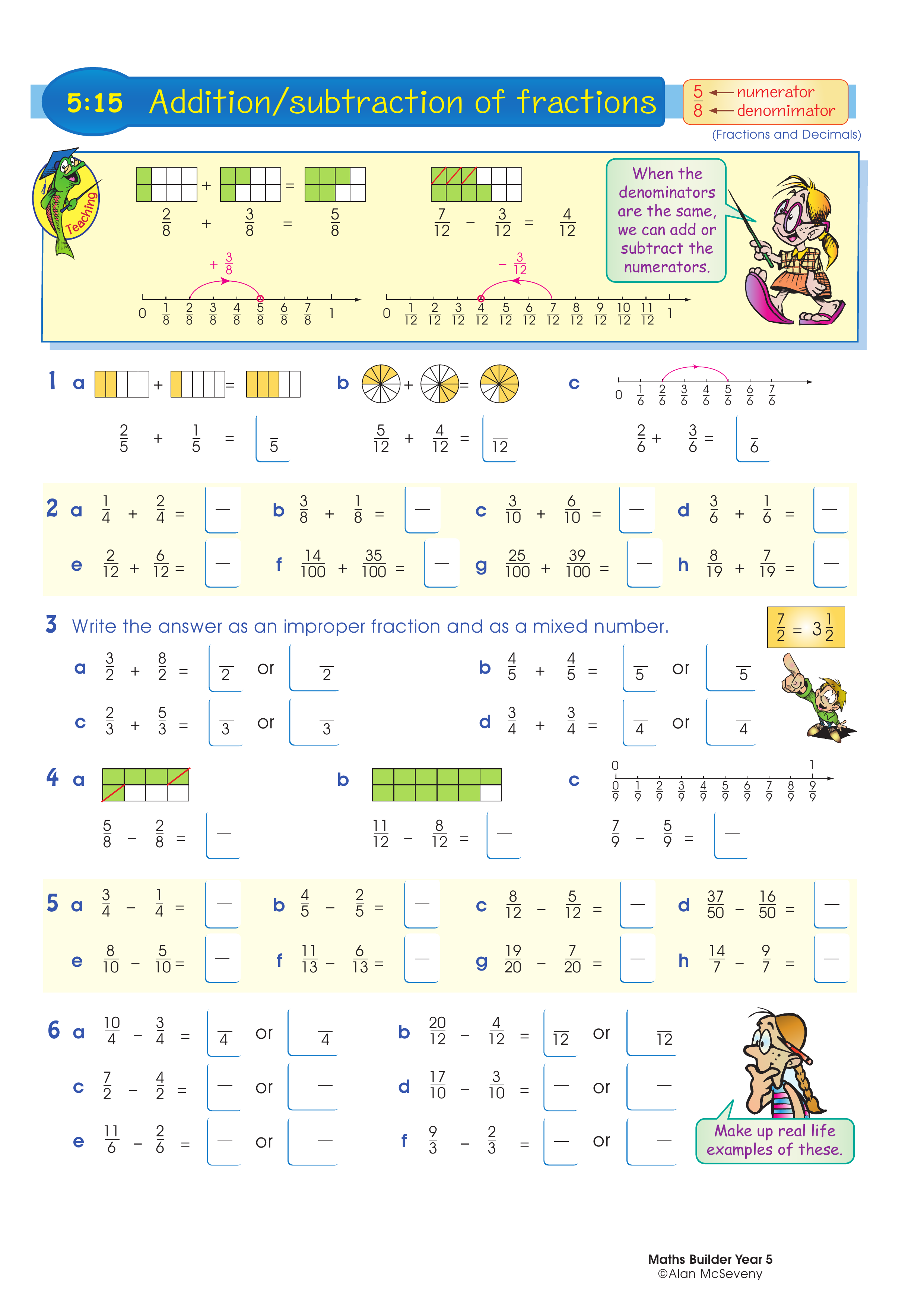Addition/subtraction of fractions — worksheet preview