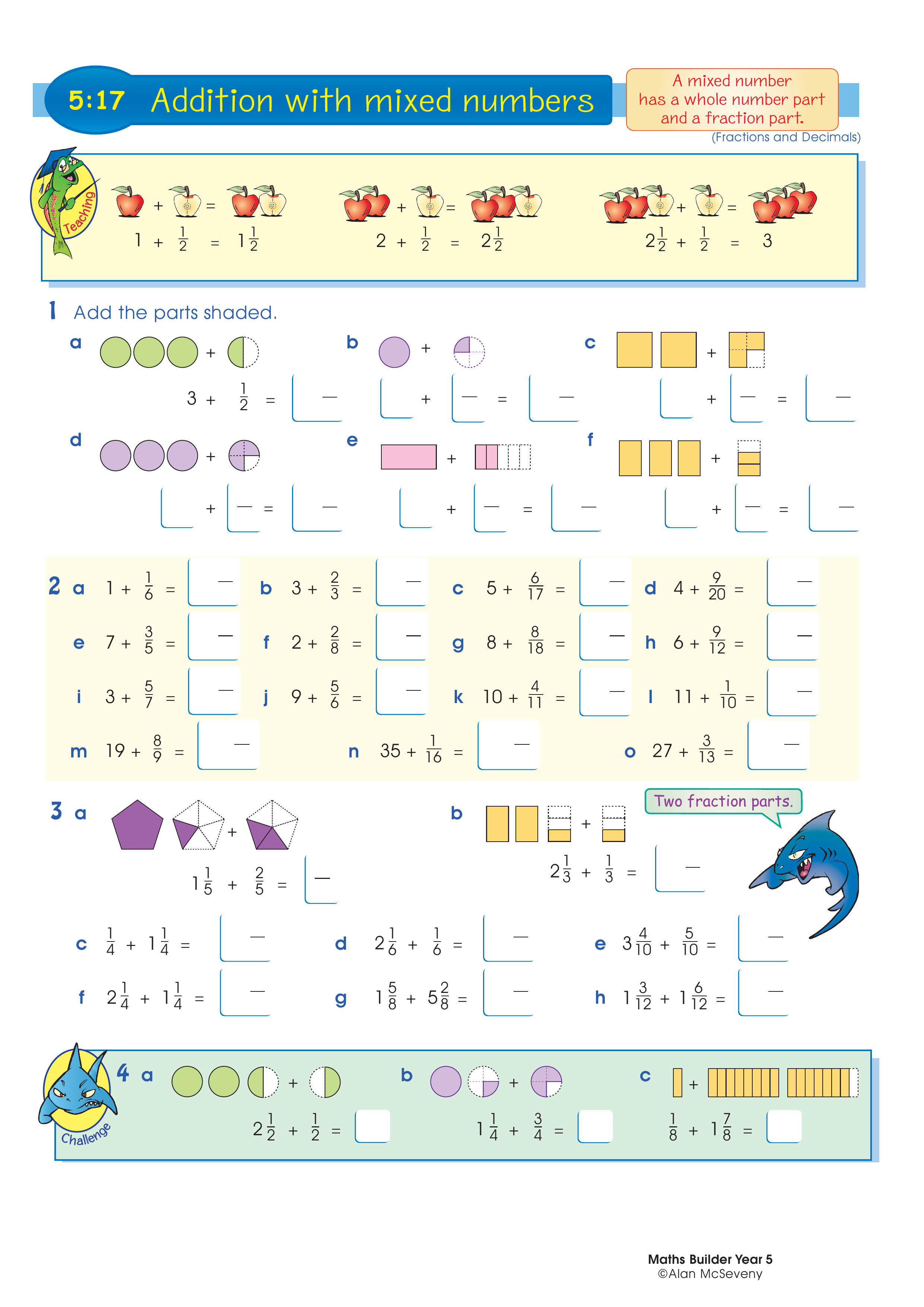 Addition with mixed numbers — worksheet preview