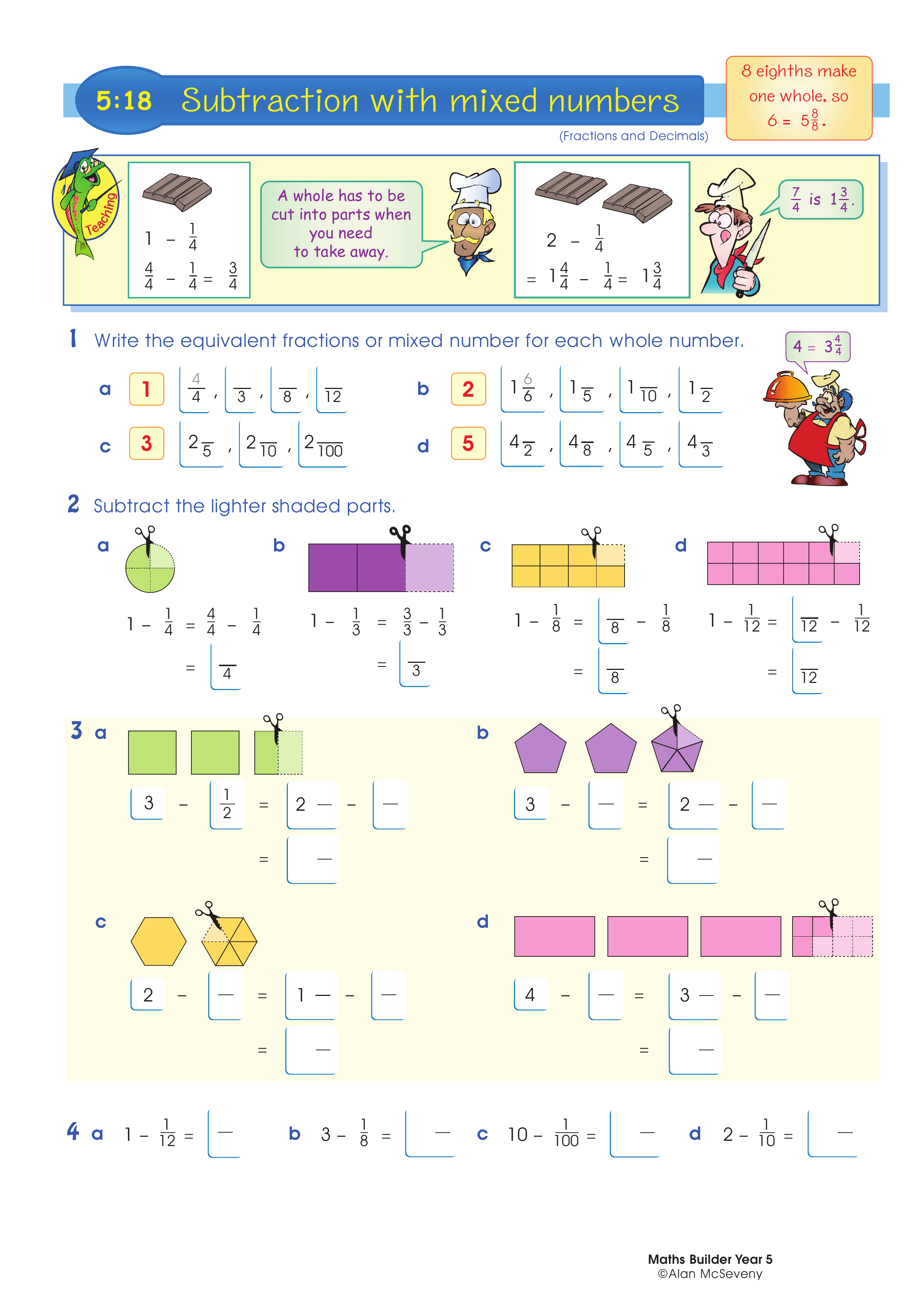 Subtraction with mixed numbers — worksheet preview