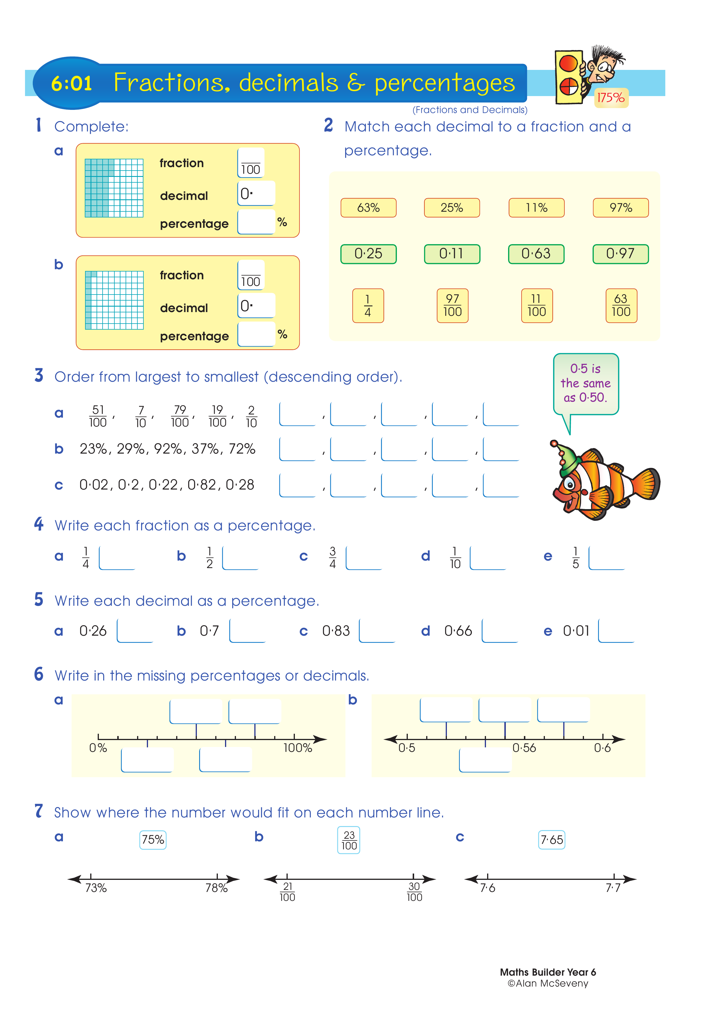 Fractions, decimals & percentages — worksheet preview