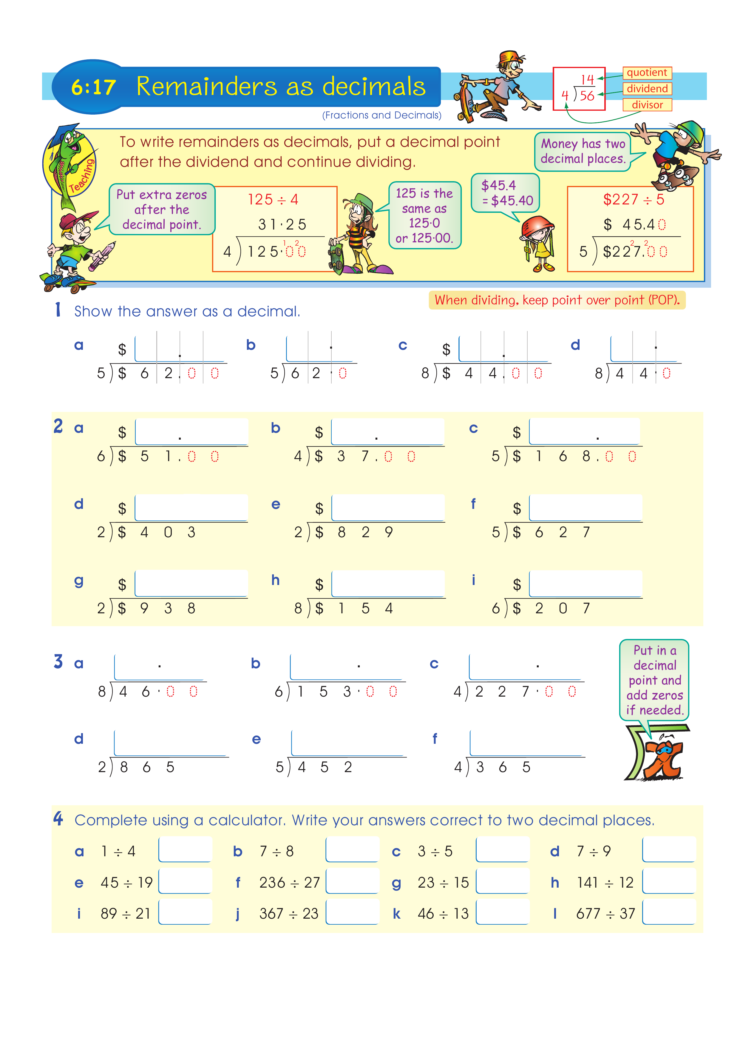 Remainders as decimals — worksheet preview