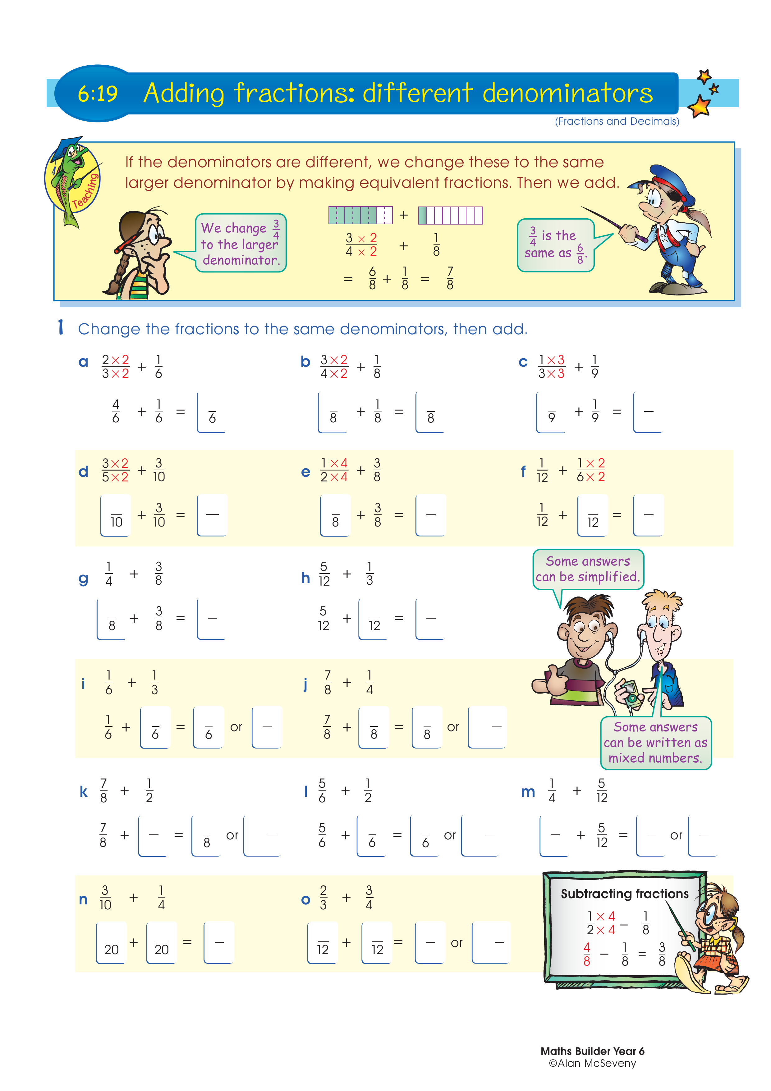 Adding fractions: different denominators — worksheet preview