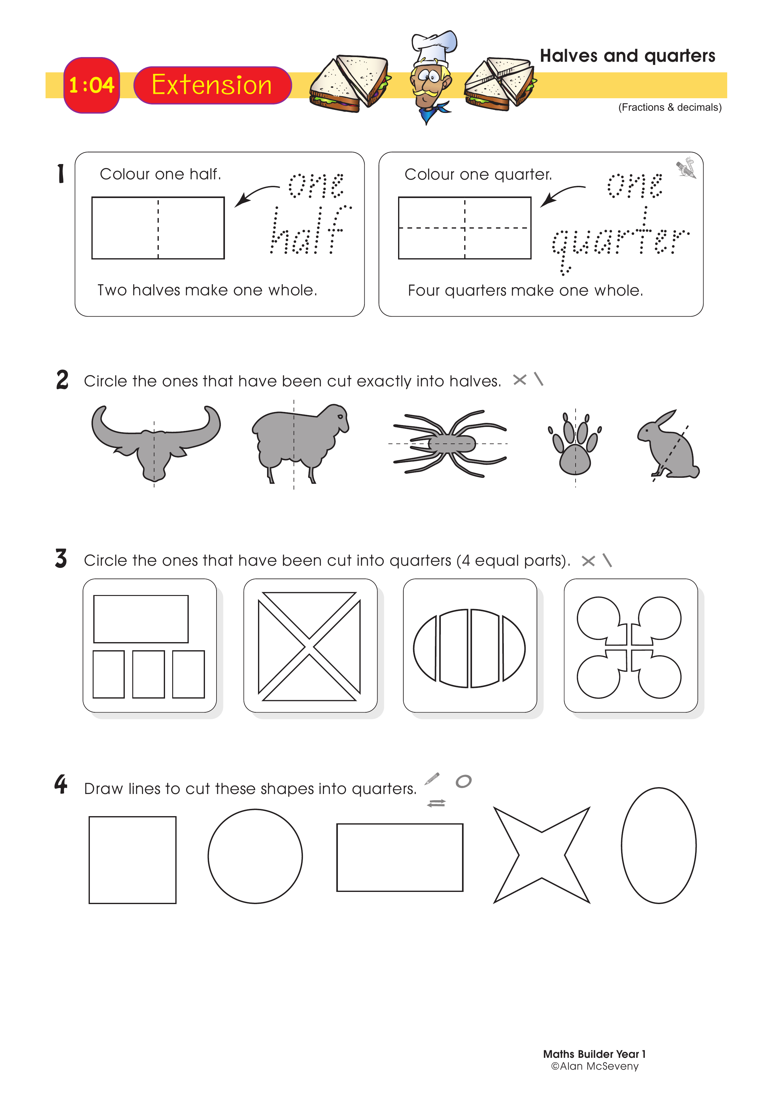 Halves and quarters — worksheet preview