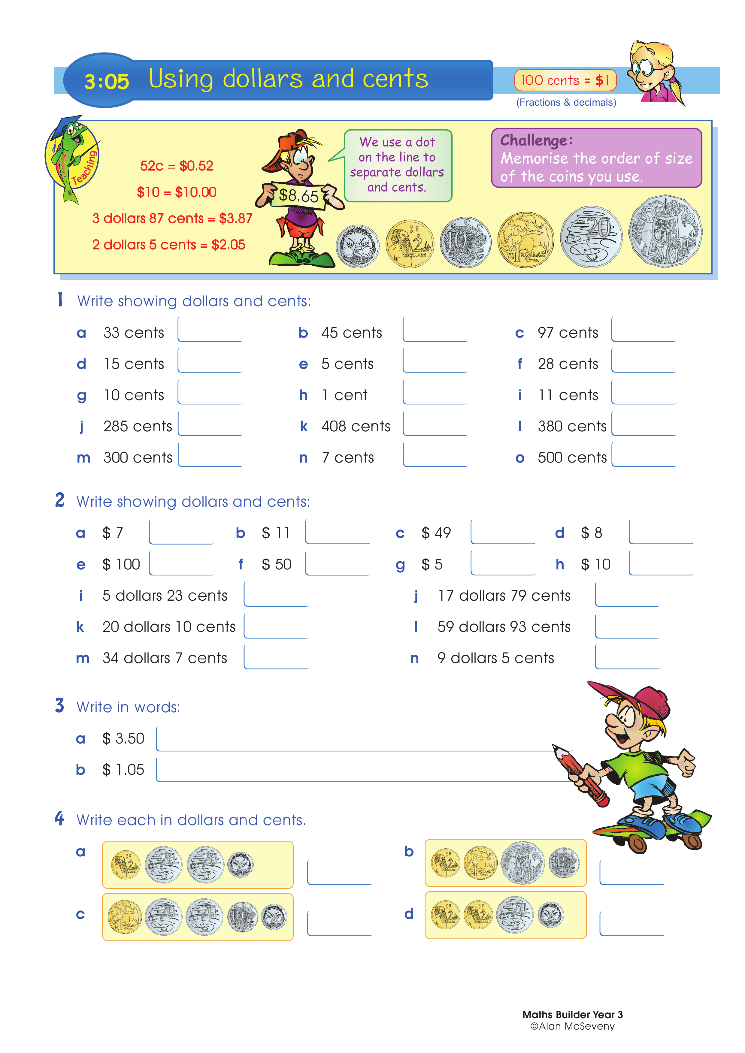 Using dollars and cents — worksheet preview