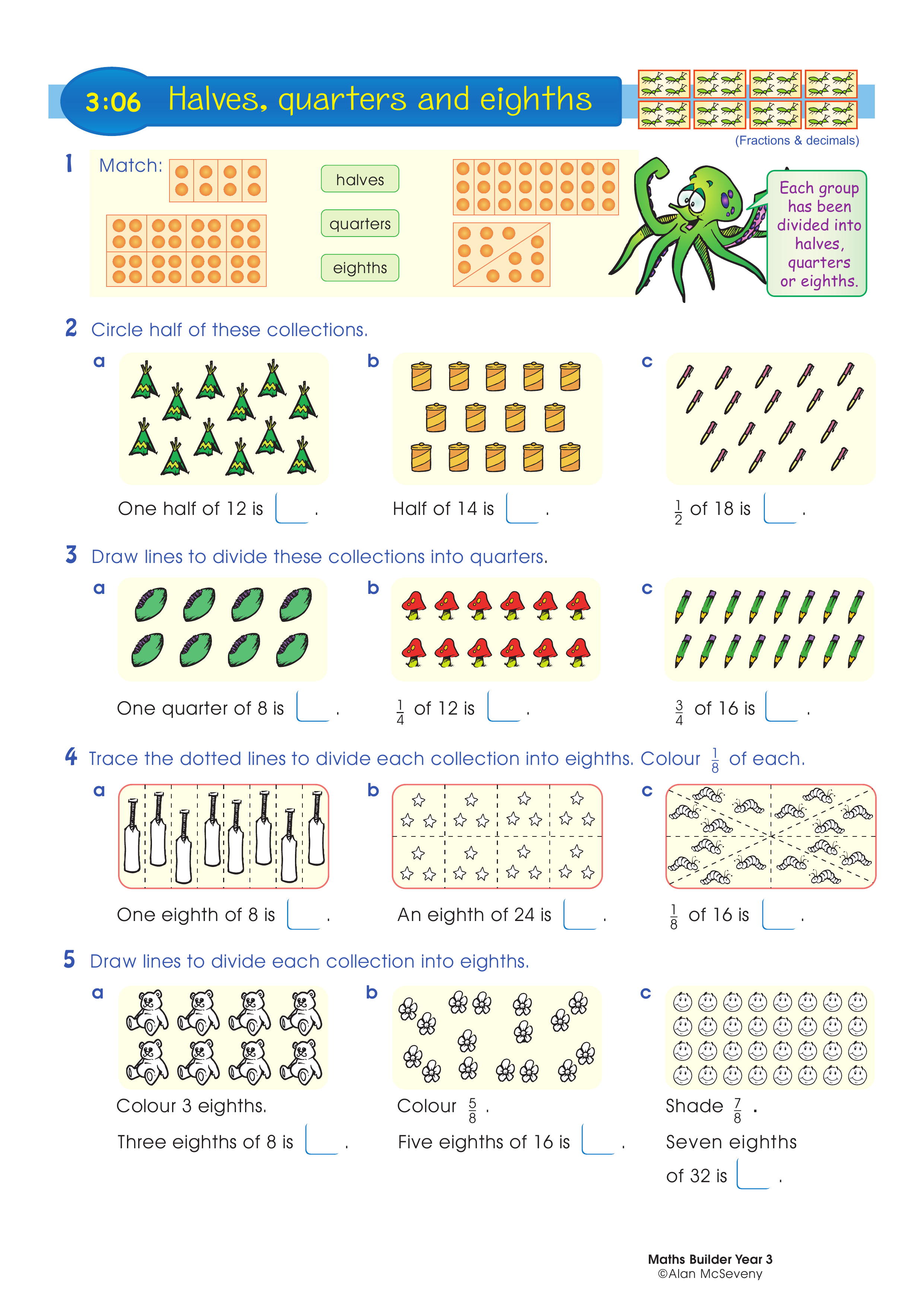 Halves, quarters and eighths — worksheet preview