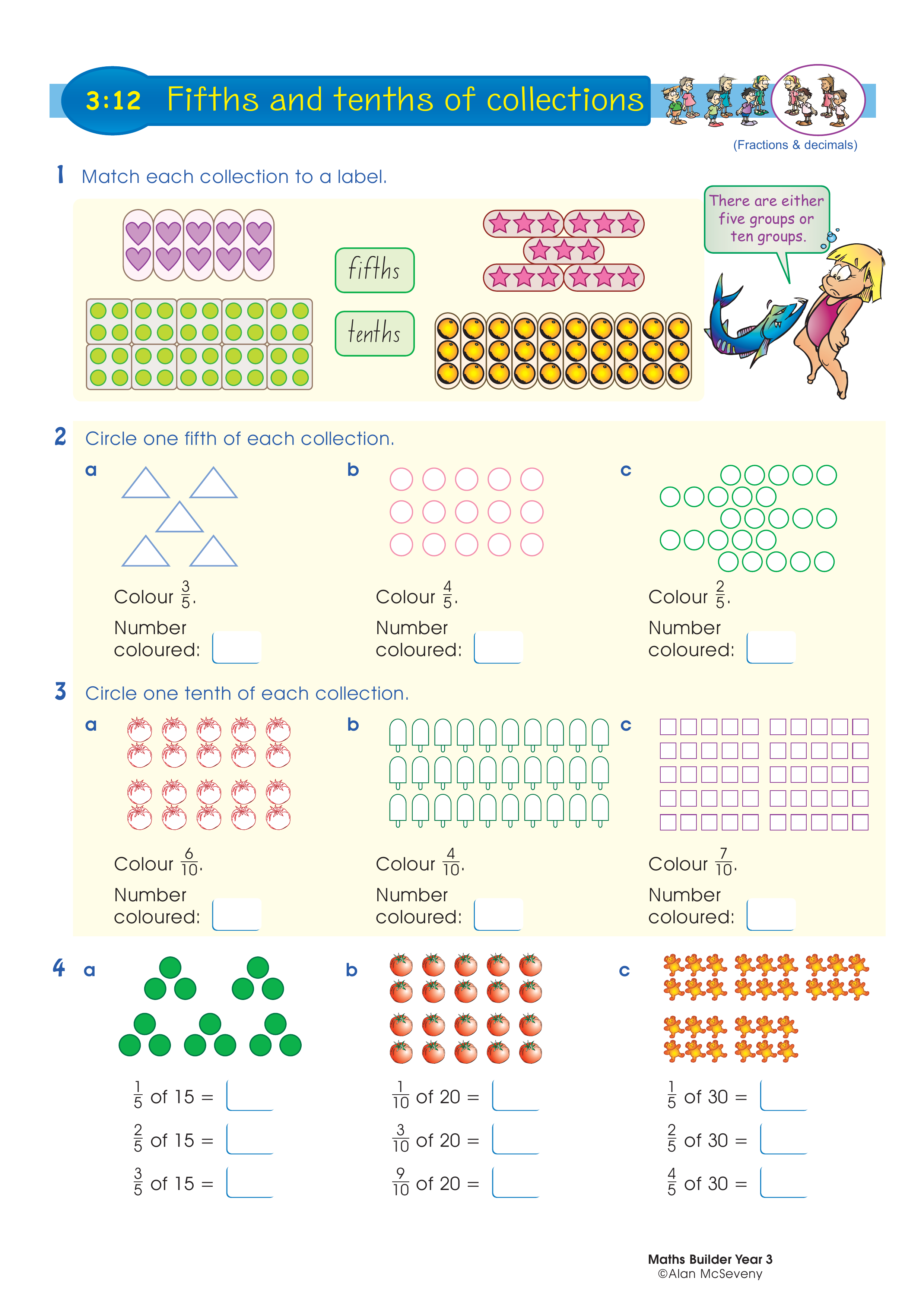 Fifths and tenths of collections — worksheet preview