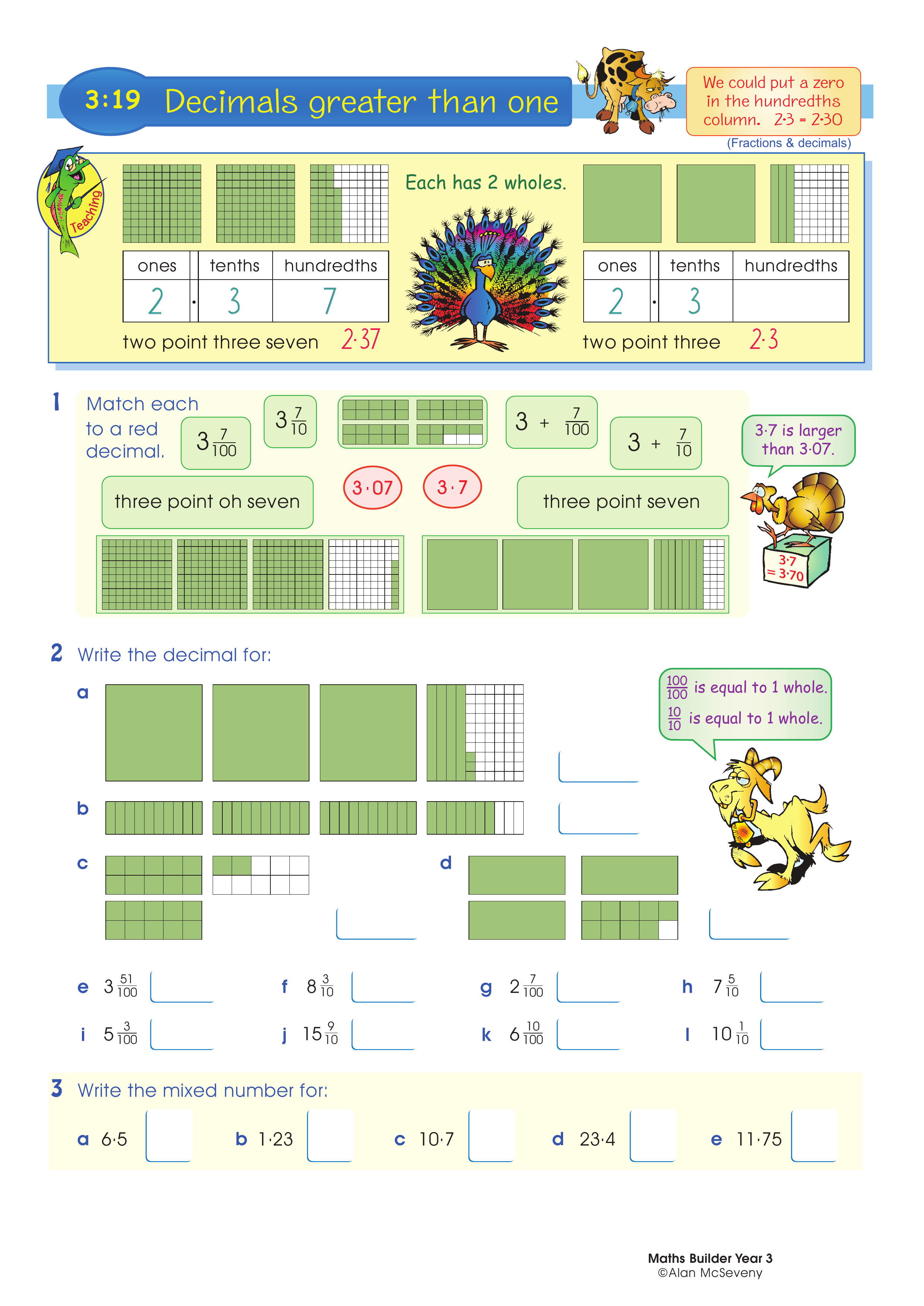 Decimals greater than one — worksheet preview