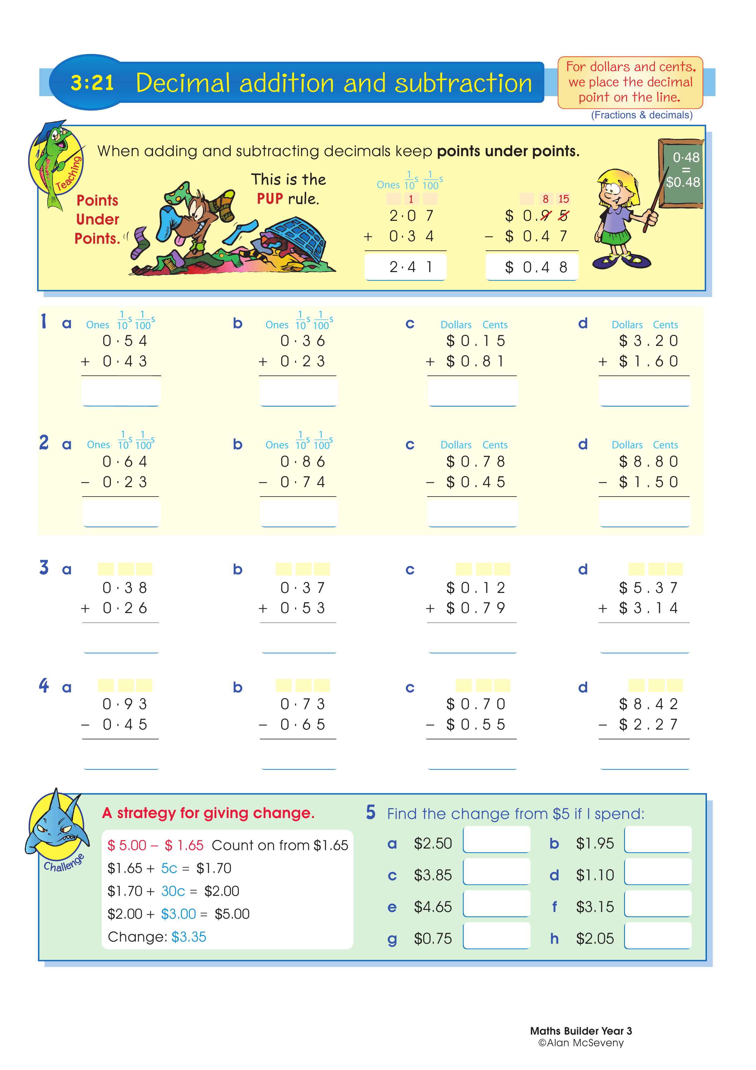 Decimal addition and subtraction — worksheet preview