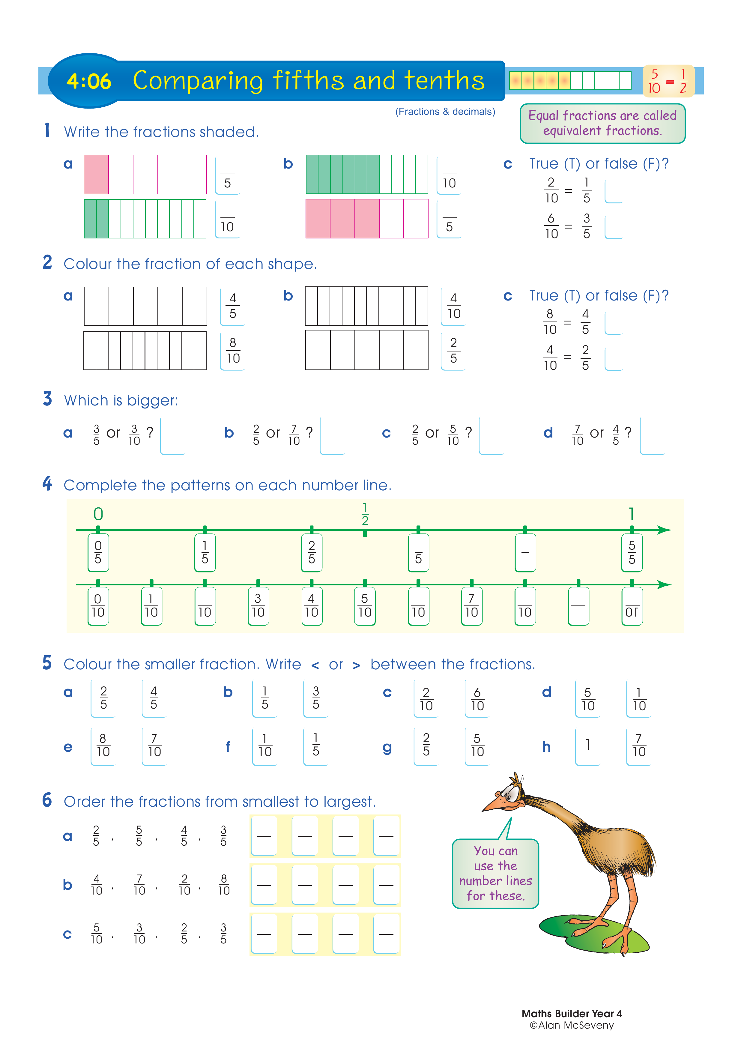 Comparing fifths and tenths — worksheet preview