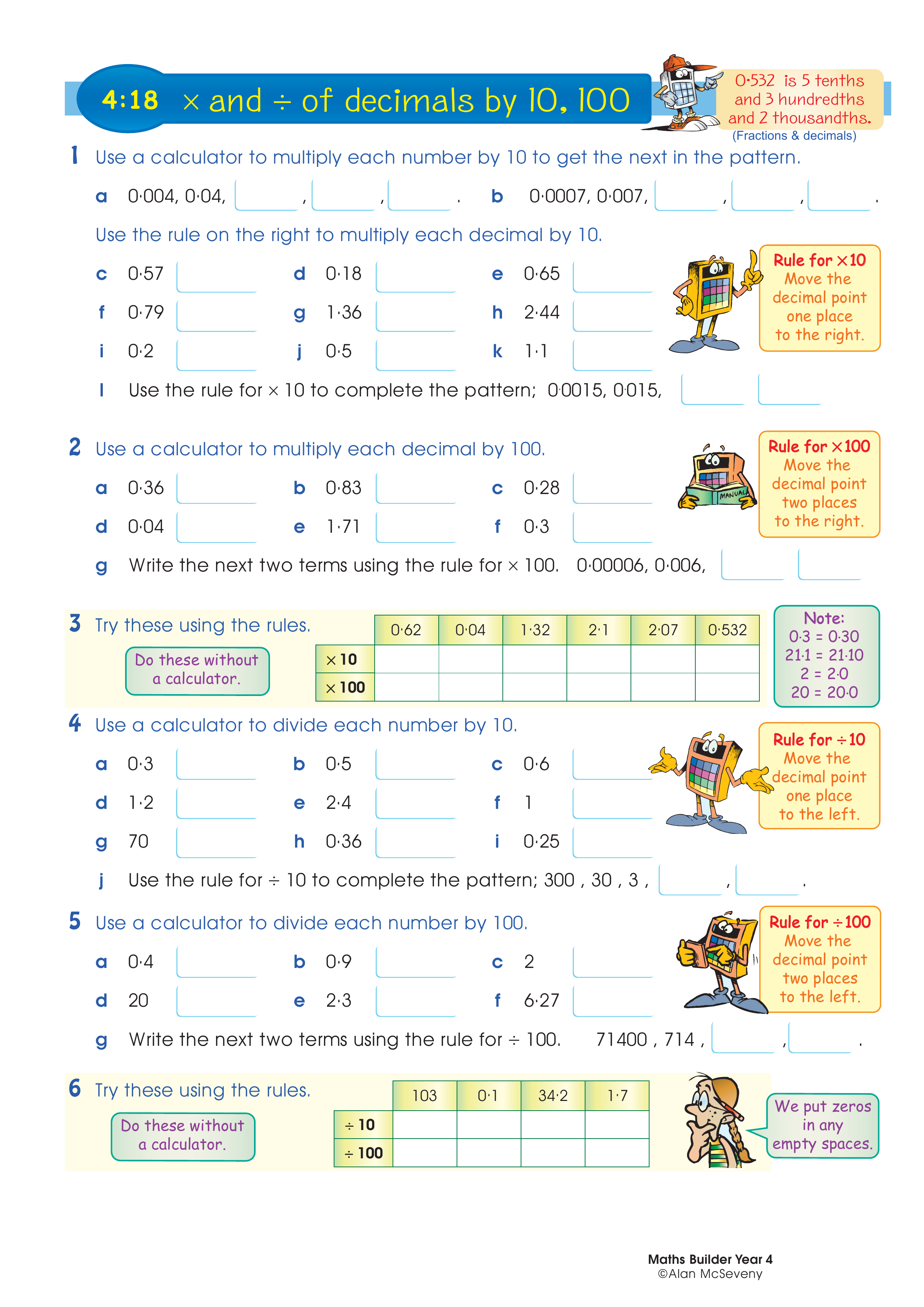 Multiply and divide decimals by 10, 100 — worksheet preview