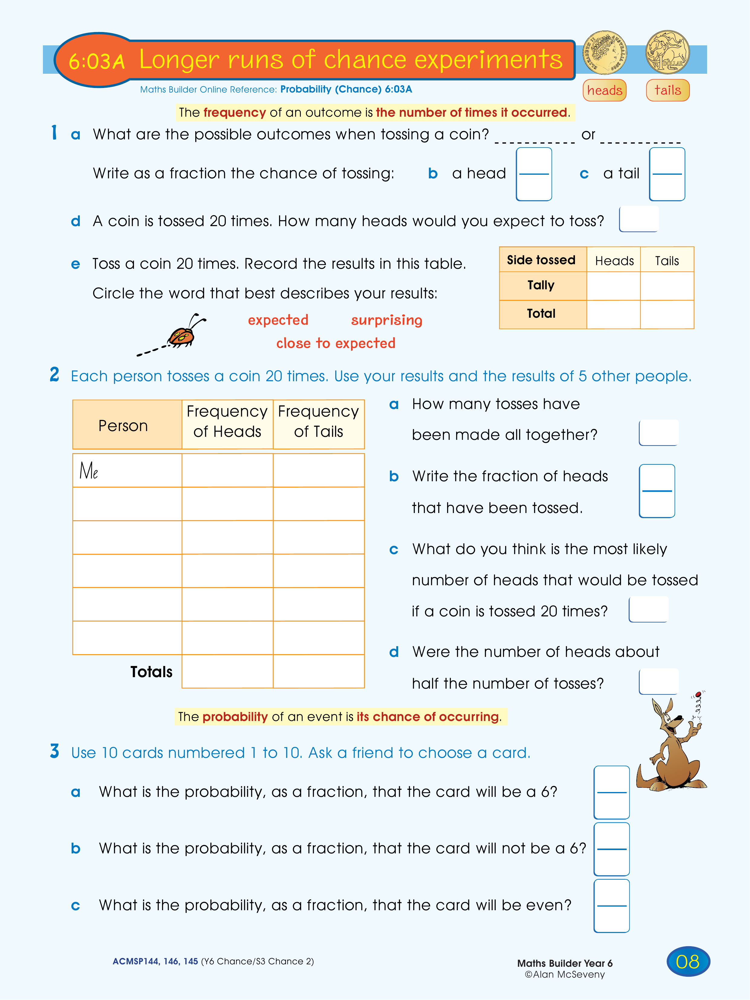 Longer runs of chance experiments — worksheet preview