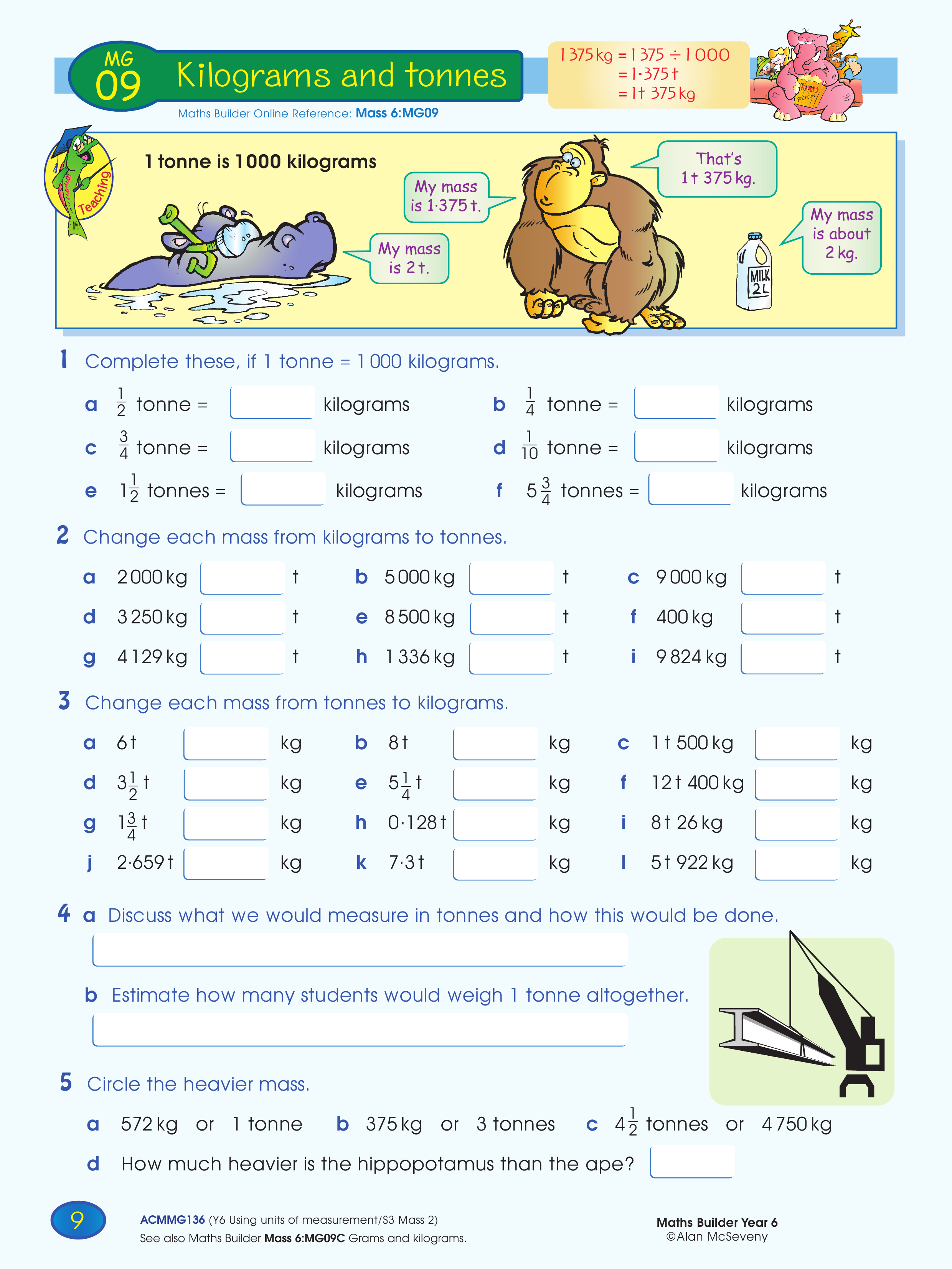 Kilograms and tonnes — worksheet preview