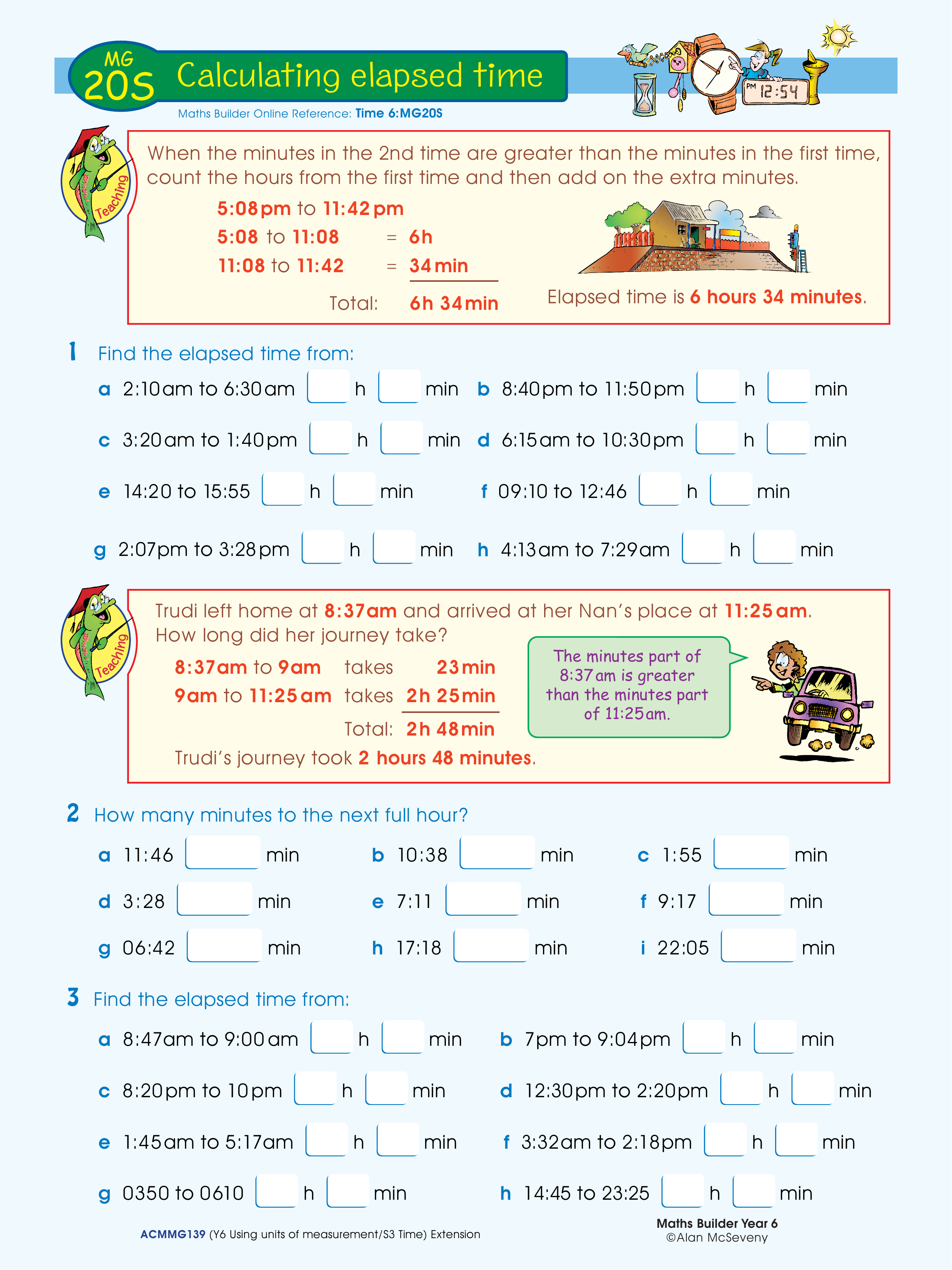 Calculating elapsed time — worksheet preview
