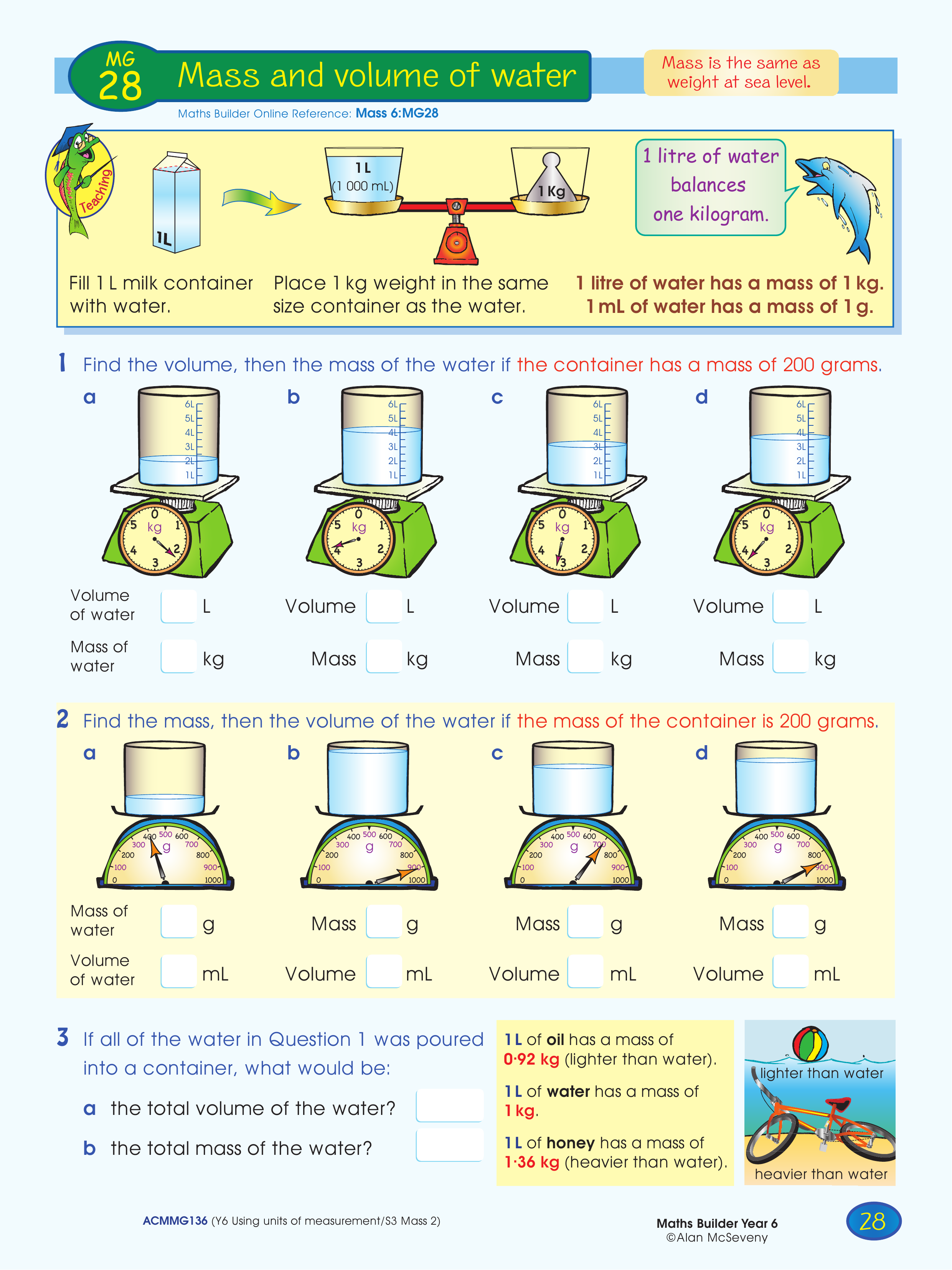 Mass and volume of water — worksheet preview