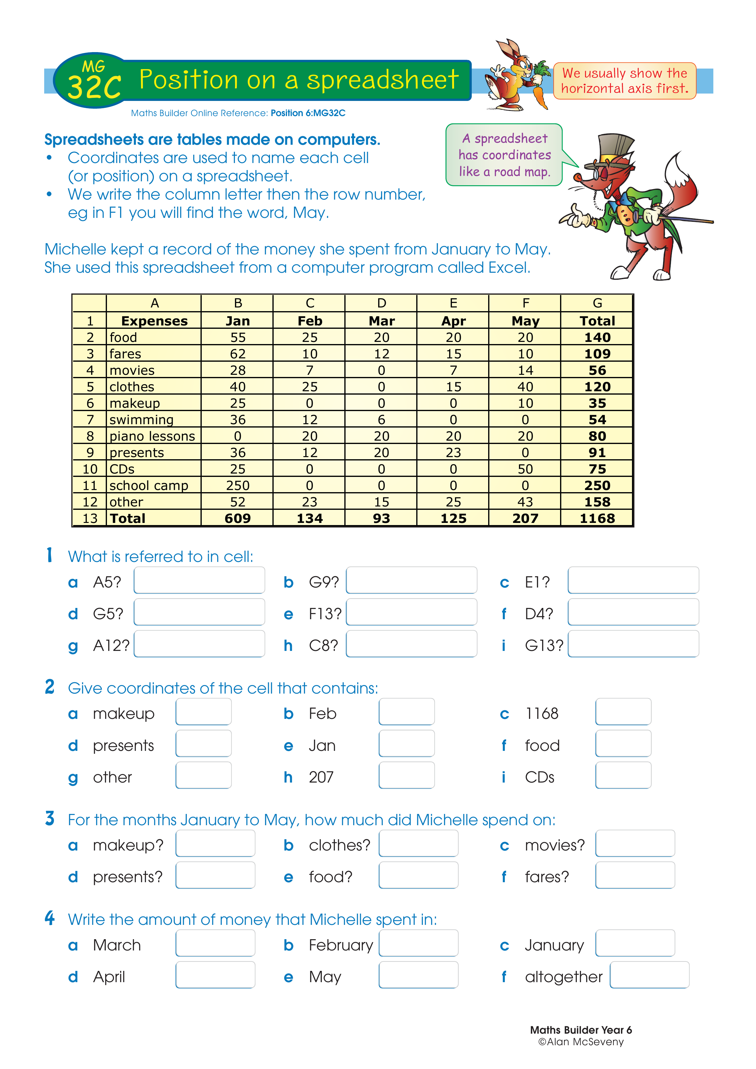 Position on a spreadsheet — worksheet preview